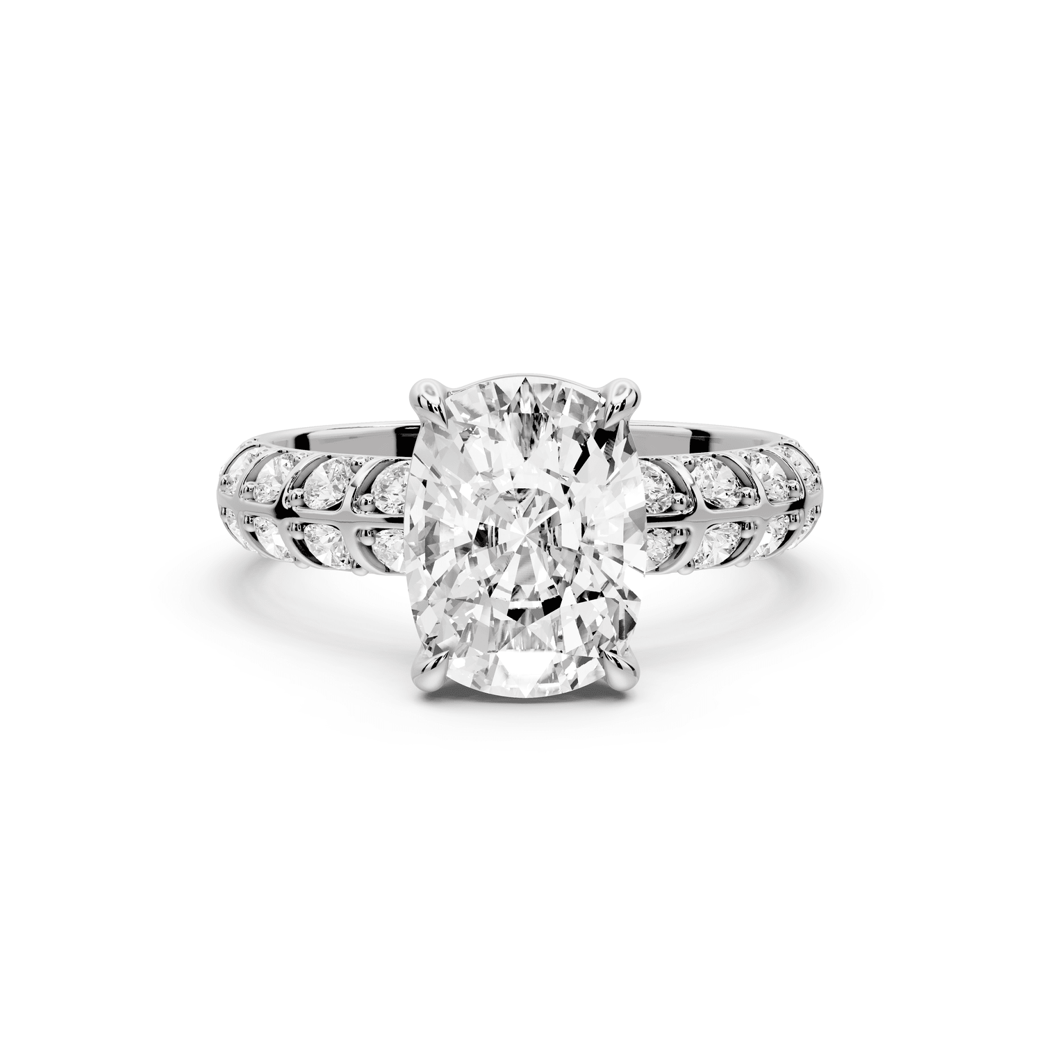 Jessica - 3ct 18k white gold Ecushion Split-Shank Engagement Ring with Double-Row Shared-Prong Pavé Band - Mr. Alex Jewelry