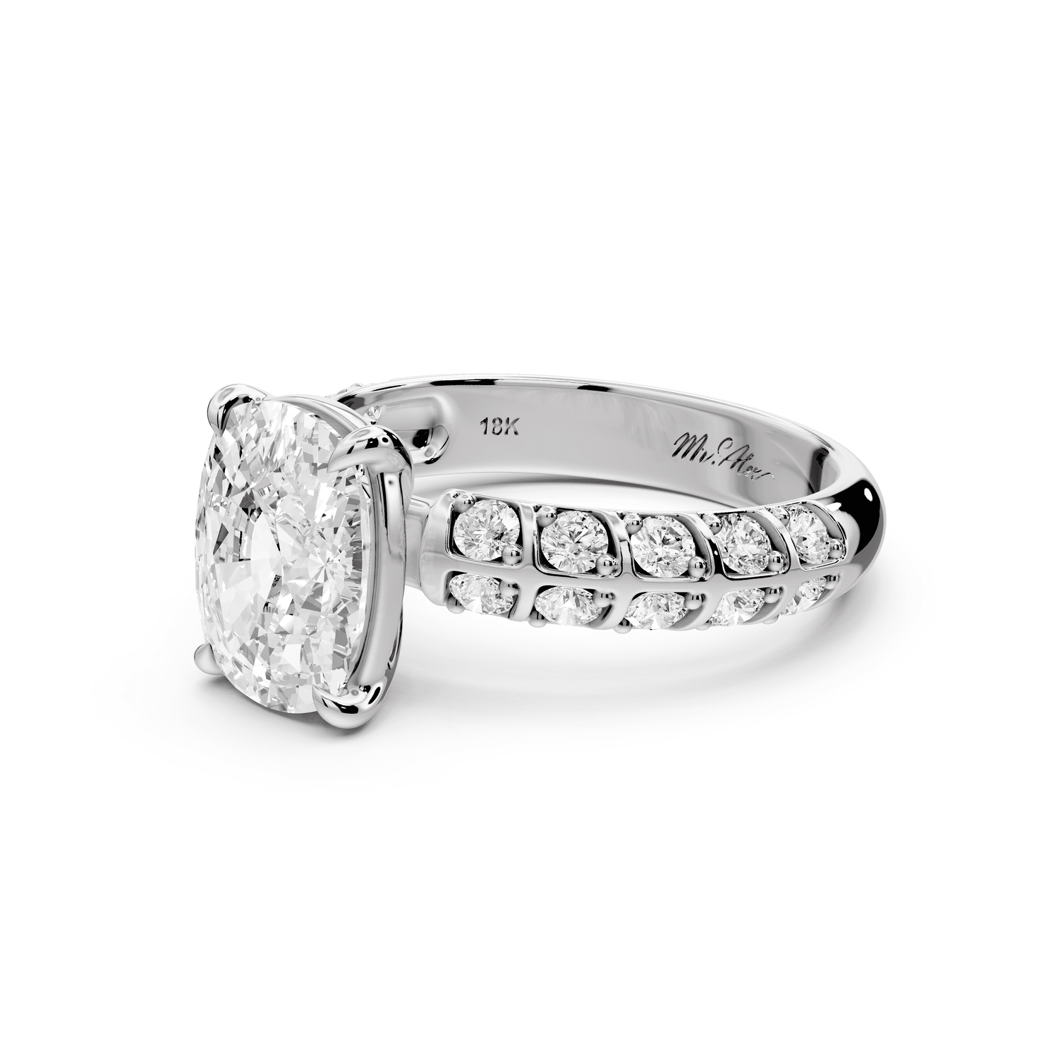 Jessica - 3ct 18k white gold Ecushion Split-Shank Engagement Ring with Double-Row Shared-Prong Pavé Band - Mr. Alex Jewelry