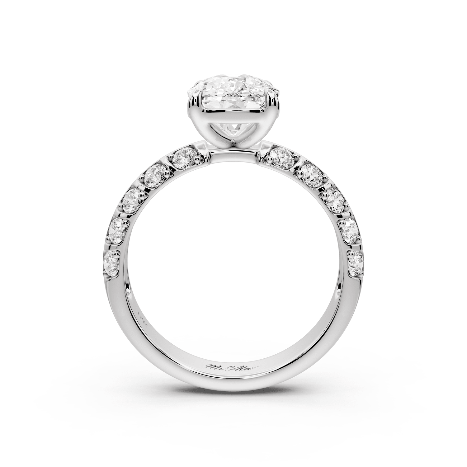 Jessica - 3ct 18k white gold Ecushion Split-Shank Engagement Ring with Double-Row Shared-Prong Pavé Band - Mr. Alex Jewelry