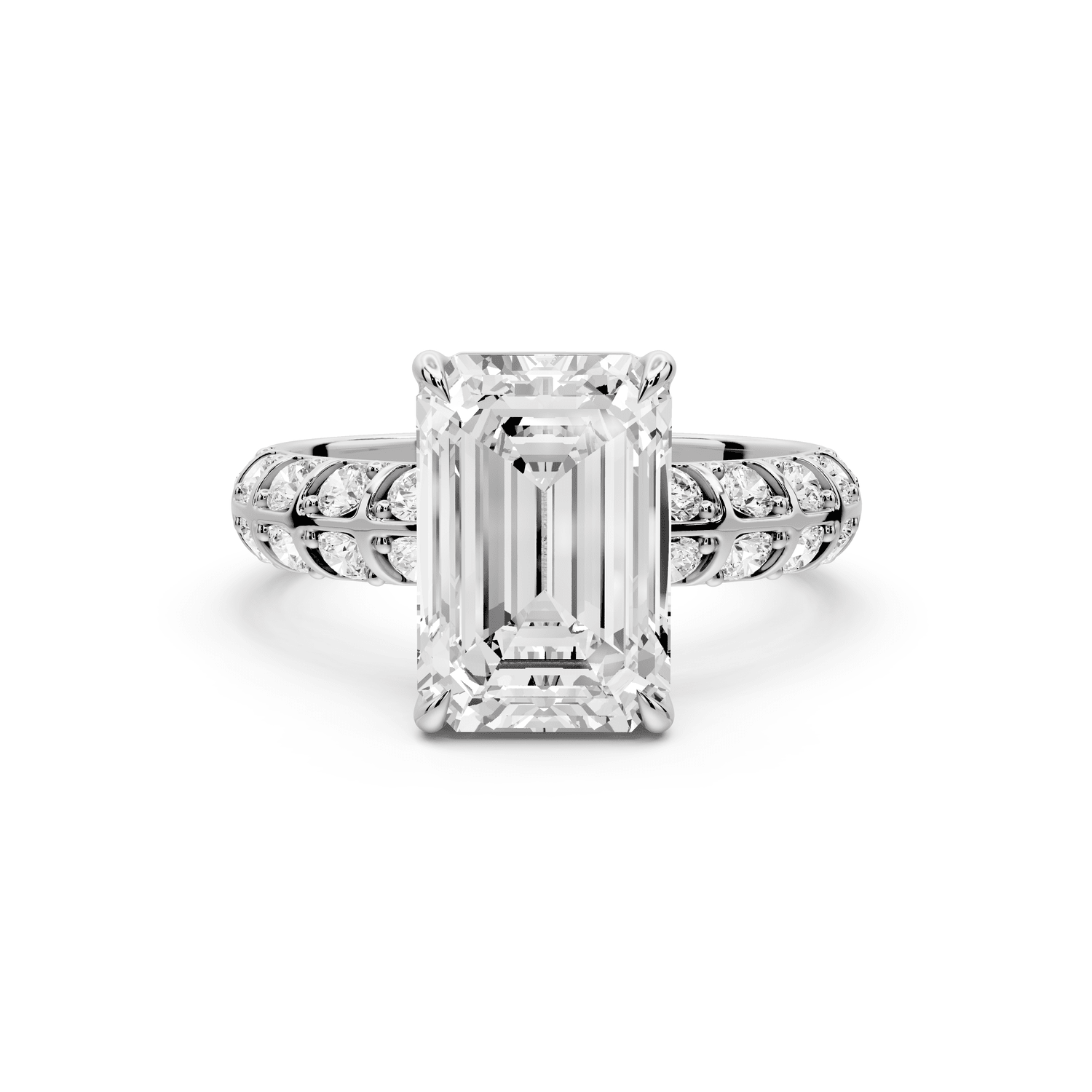 Jessica - 3ct 18k white gold Emerald Split-Shank Engagement Ring with Double-Row Shared-Prong Pavé Band - Mr. Alex Jewelry