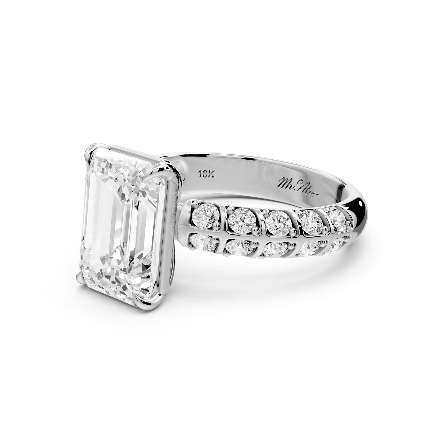 Jessica - 3ct 18k white gold Emerald Split-Shank Engagement Ring with Double-Row Shared-Prong Pavé Band - Mr. Alex Jewelry