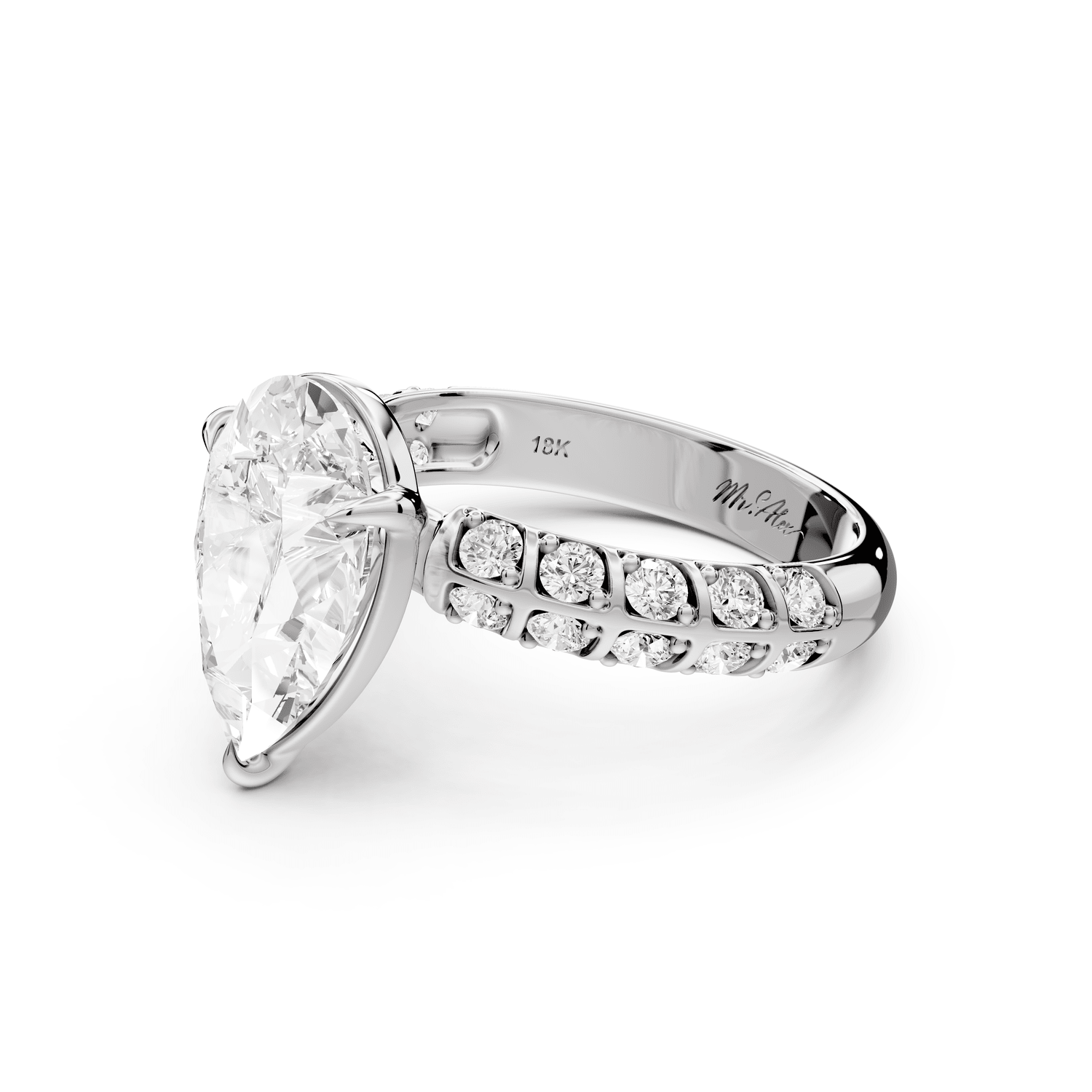 Jessica - 3ct 18k white gold Pear Split-Shank Engagement Ring with Double-Row Shared-Prong Pavé Band - Mr. Alex Jewelry