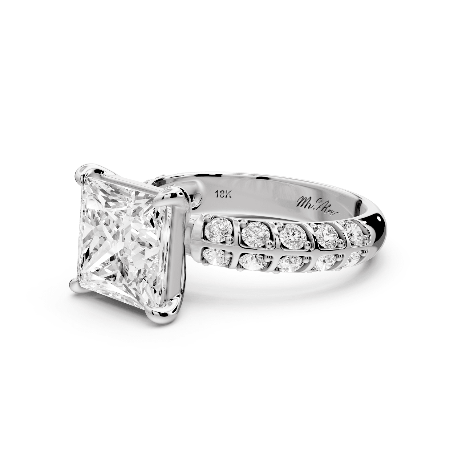 Jessica - 3ct 18k white gold Princess Split-Shank Engagement Ring with Double-Row Shared-Prong Pavé Band - Mr. Alex Jewelry