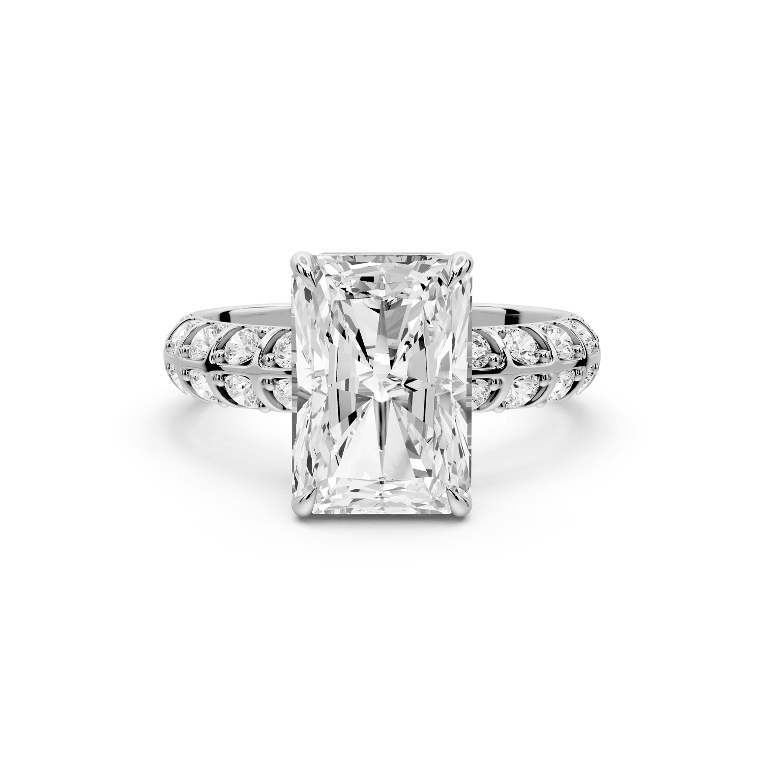 Jessica - 3ct 18k white gold Radiant Split-Shank Engagement Ring with Double-Row Shared-Prong Pavé Band - Mr. Alex Jewelry