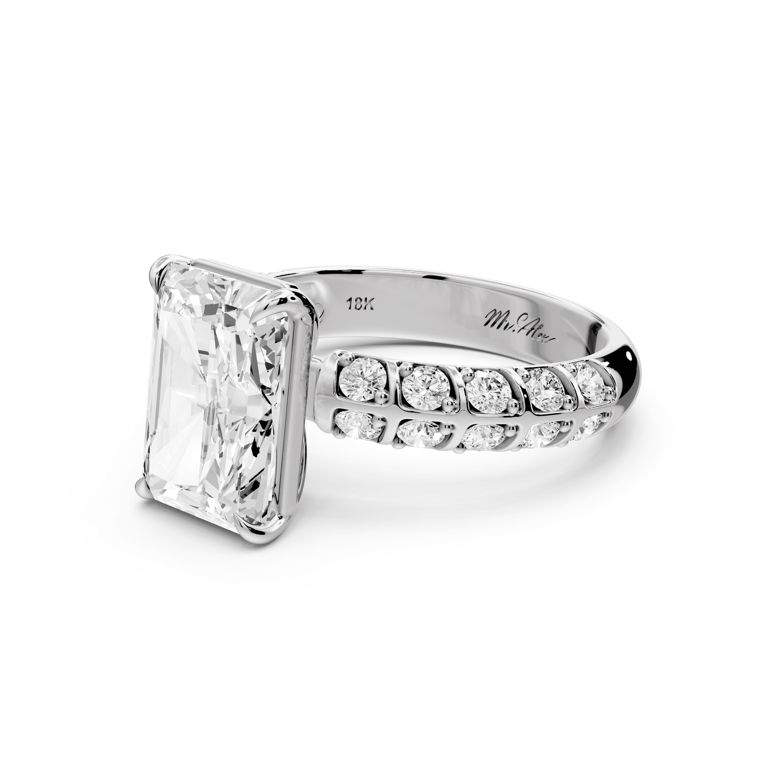 Jessica - 3ct 18k white gold Radiant Split-Shank Engagement Ring with Double-Row Shared-Prong Pavé Band - Mr. Alex Jewelry