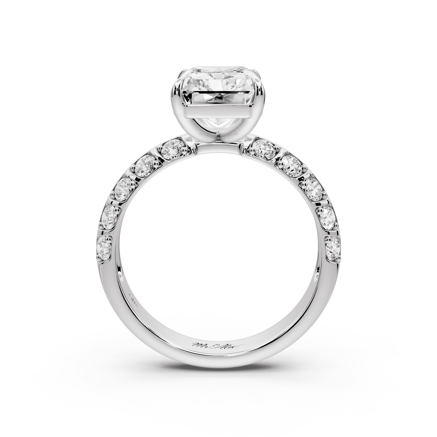 Jessica - 3ct 18k white gold Radiant Split-Shank Engagement Ring with Double-Row Shared-Prong Pavé Band - Mr. Alex Jewelry