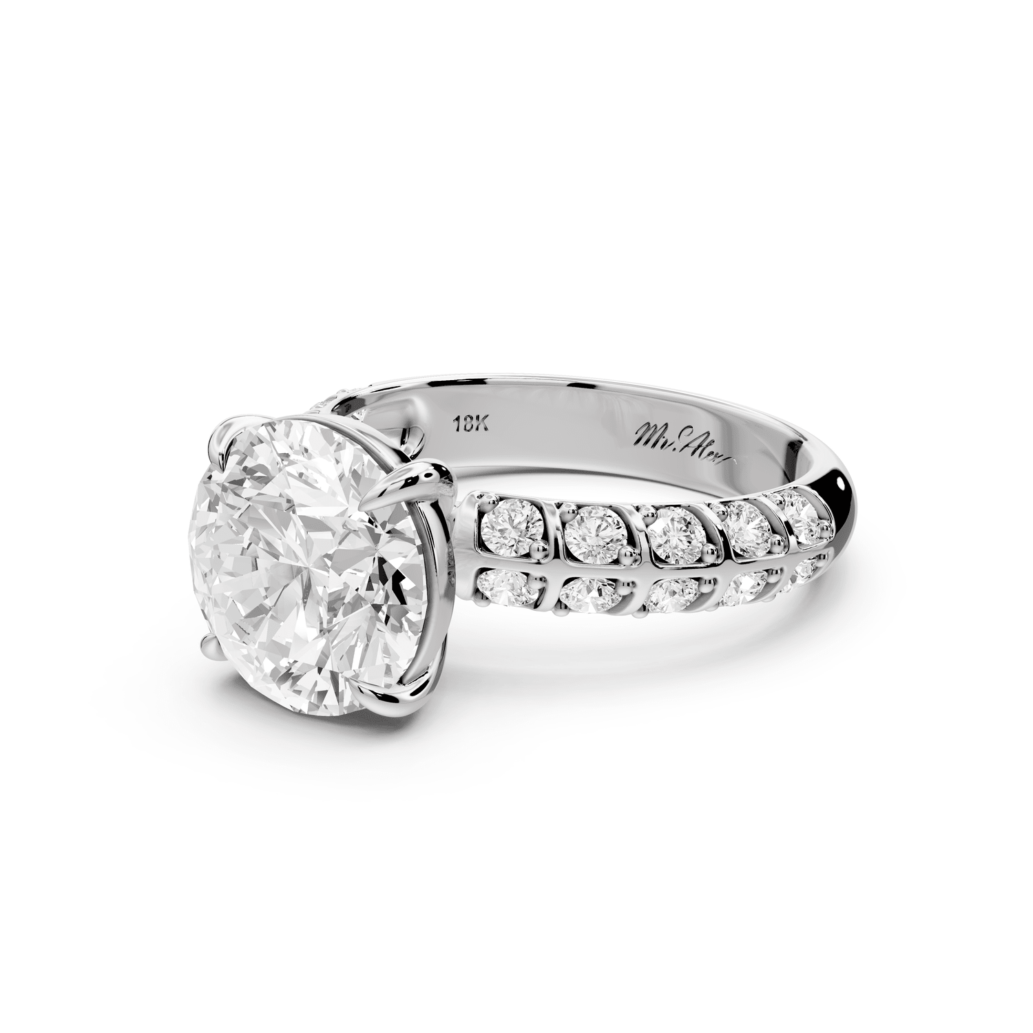 Jessica - 3ct 18k white gold Round Split-Shank Engagement Ring with Double-Row Shared-Prong Pavé Band - Mr. Alex Jewelry