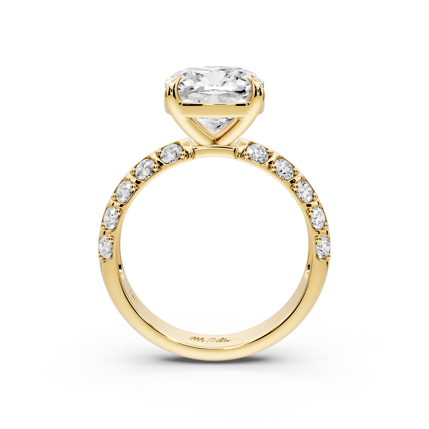 Jessica - 3ct 18k yellow gold Cushion Split-Shank Engagement Ring with Double-Row Shared-Prong Pavé Band - Mr. Alex Jewelry