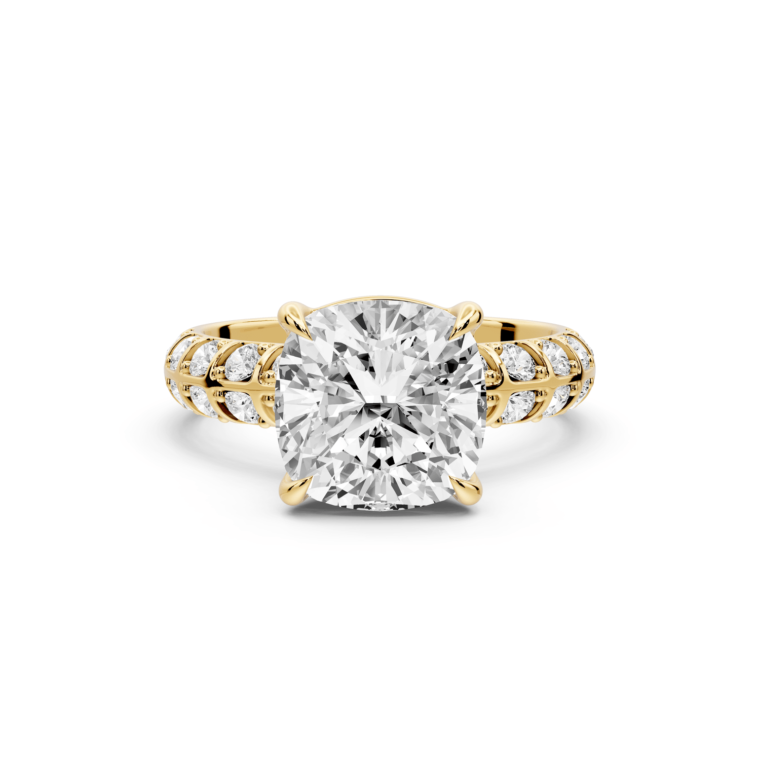 Jessica - 3ct 18k yellow gold Cushion Split-Shank Engagement Ring with Double-Row Shared-Prong Pavé Band - Mr. Alex Jewelry