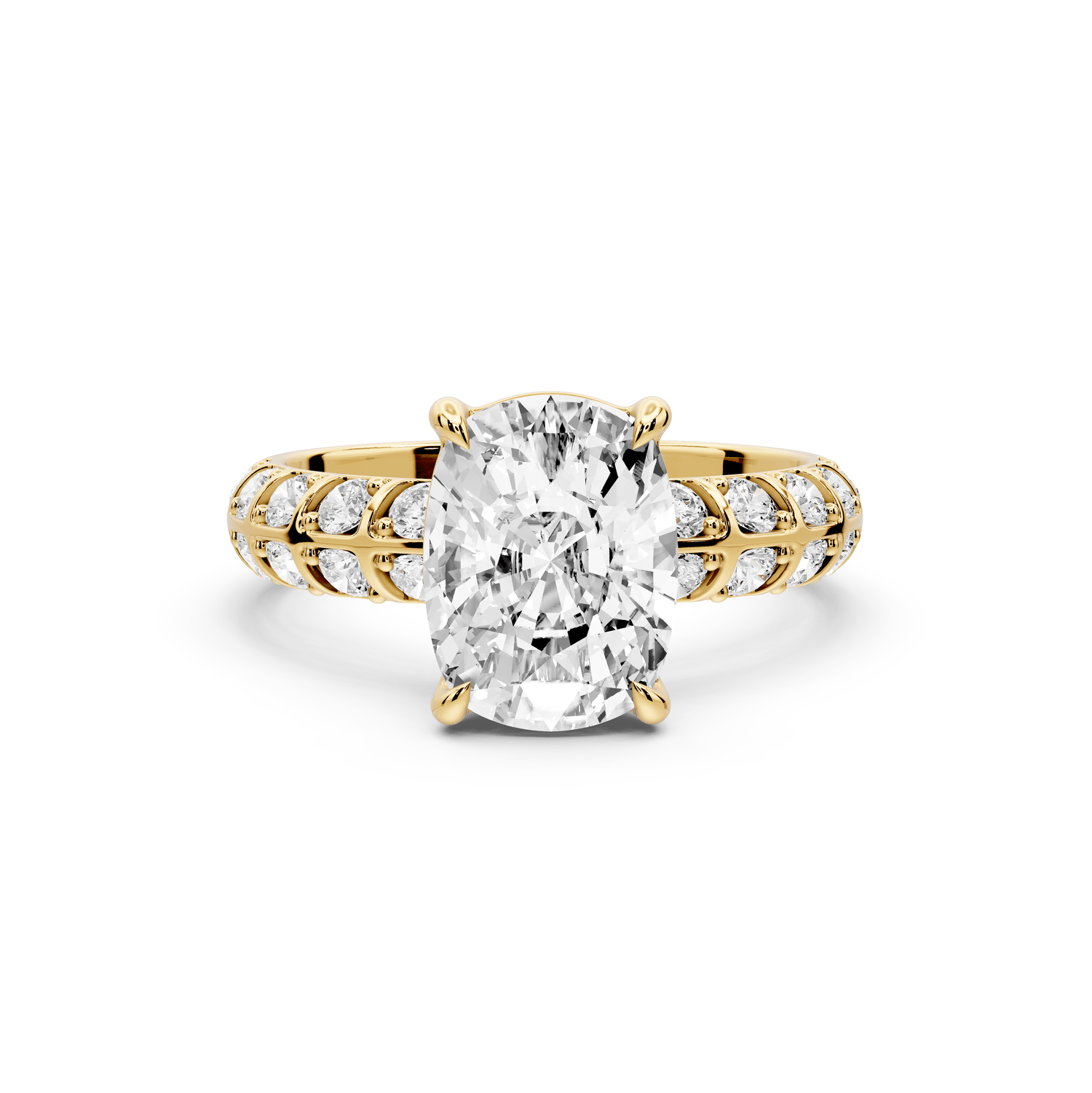 Jessica - 3ct 18k yellow gold Ecushion Split-Shank Engagement Ring with Double-Row Shared-Prong Pavé Band - Mr. Alex Jewelry