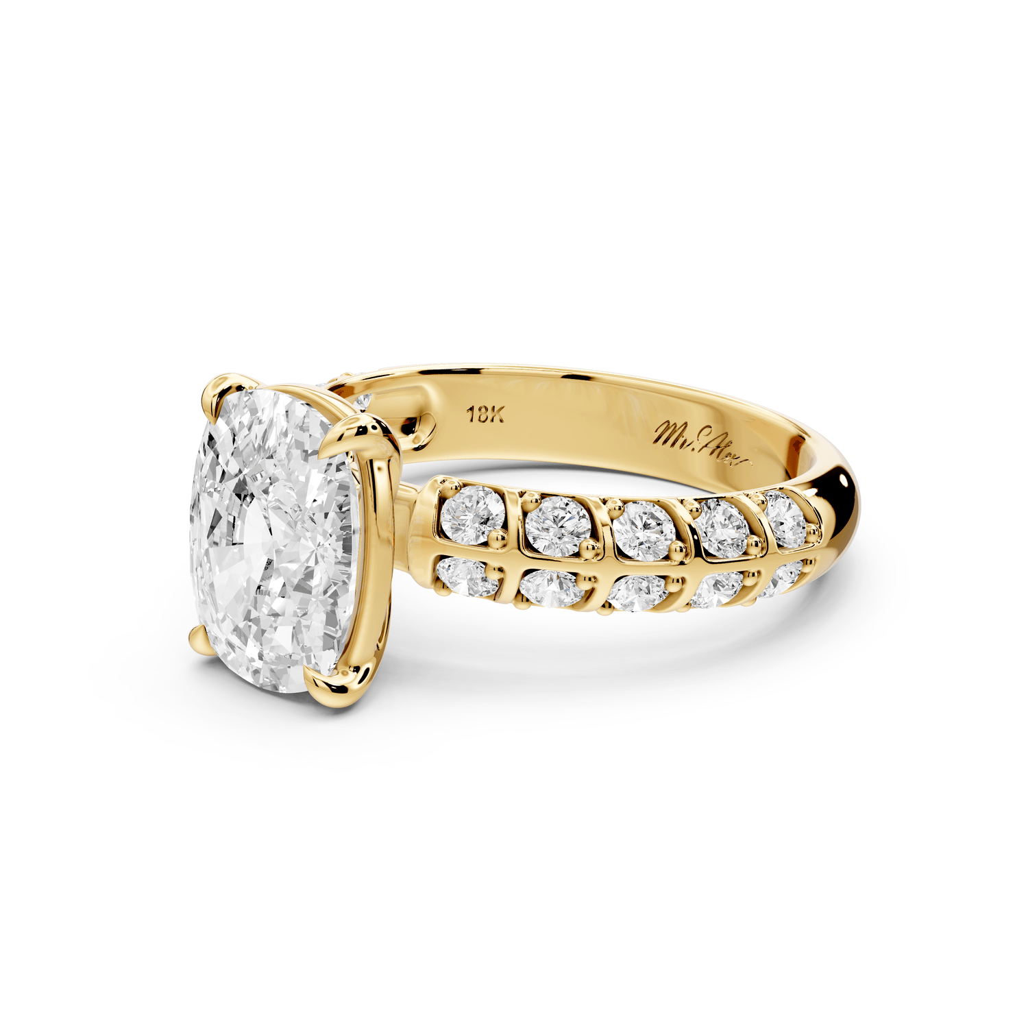 Jessica - 3ct 18k yellow gold Ecushion Split-Shank Engagement Ring with Double-Row Shared-Prong Pavé Band - Mr. Alex Jewelry