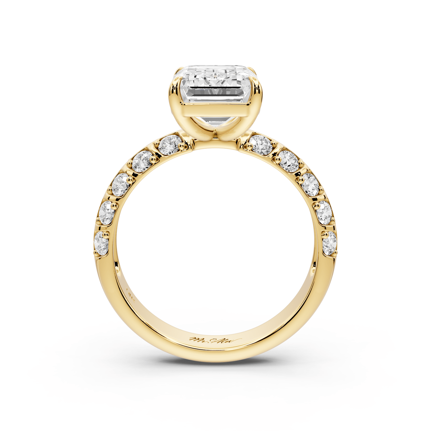 Jessica - 3ct 18k yellow gold Emerald Split-Shank Engagement Ring with Double-Row Shared-Prong Pavé Band - Mr. Alex Jewelry