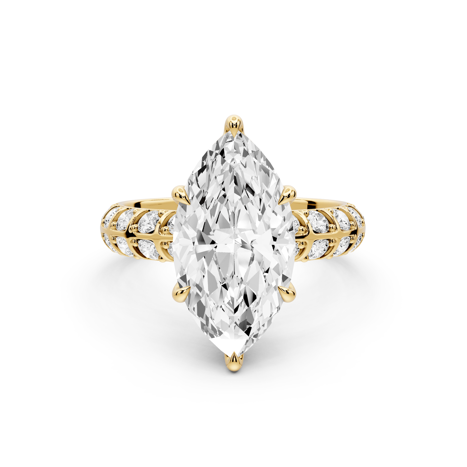 Jessica - 3ct 18k yellow gold Marquise Split-Shank Engagement Ring with Double-Row Shared-Prong Pavé Band - Mr. Alex Jewelry