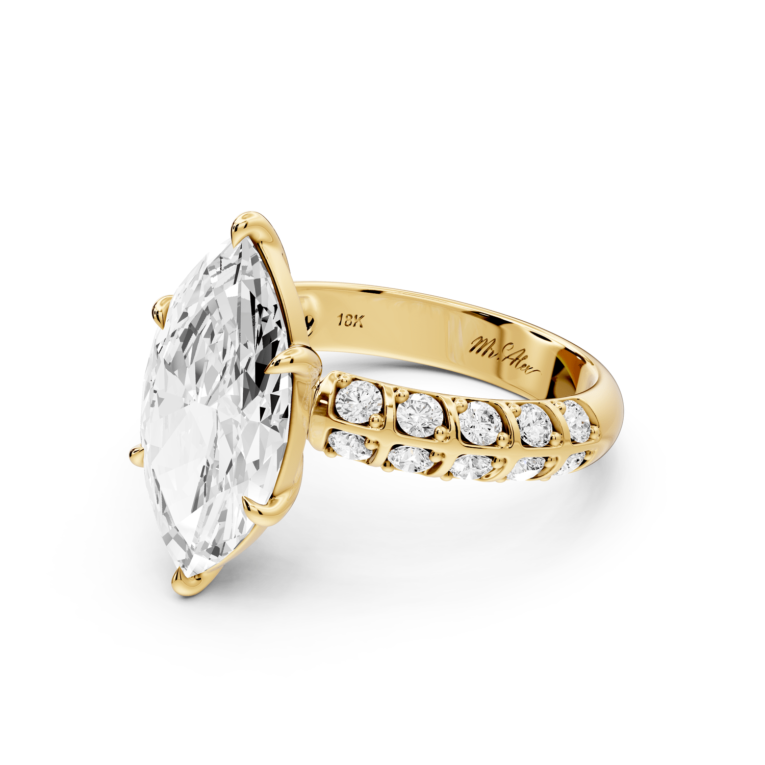 Jessica - 3ct 18k yellow gold Marquise Split-Shank Engagement Ring with Double-Row Shared-Prong Pavé Band - Mr. Alex Jewelry