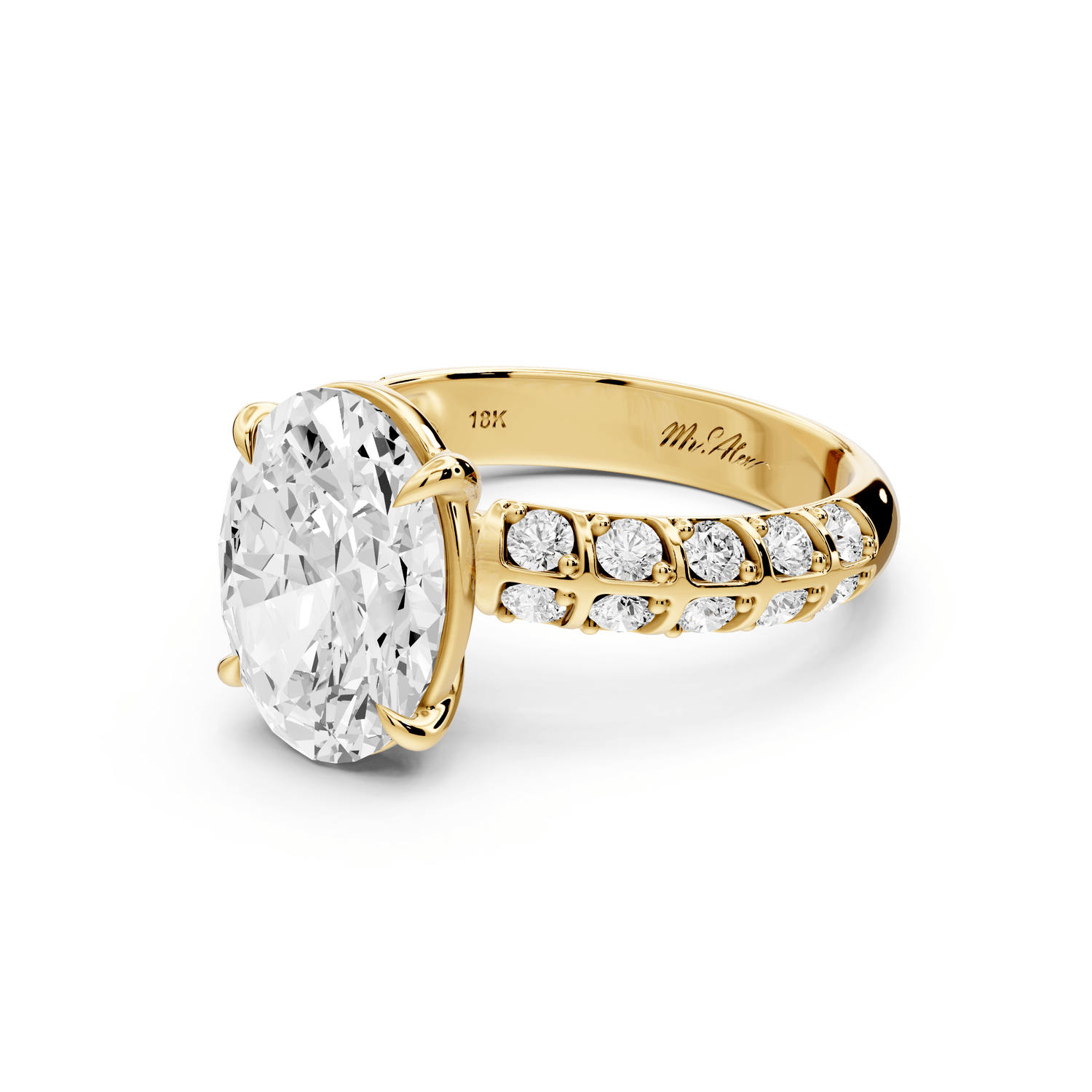 Jessica - 3ct 18k yellow gold Oval Split-Shank Engagement Ring with Double-Row Shared-Prong Pavé Band - Mr. Alex Jewelry