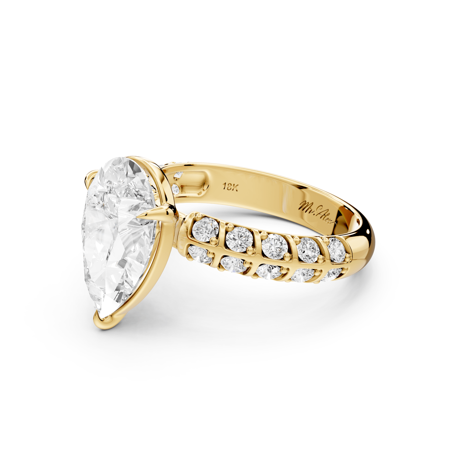 Jessica - 3ct 18k yellow gold Pear Split-Shank Engagement Ring with Double-Row Shared-Prong Pavé Band - Mr. Alex Jewelry