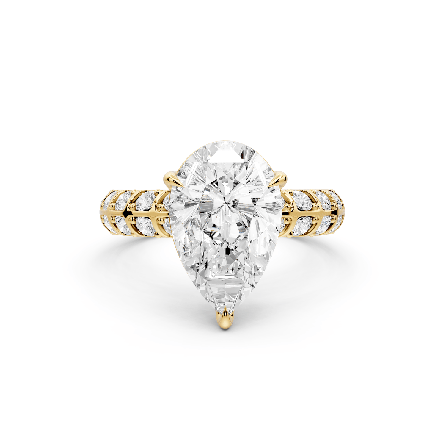 Jessica - 3ct 18k yellow gold Pear Split-Shank Engagement Ring with Double-Row Shared-Prong Pavé Band - Mr. Alex Jewelry