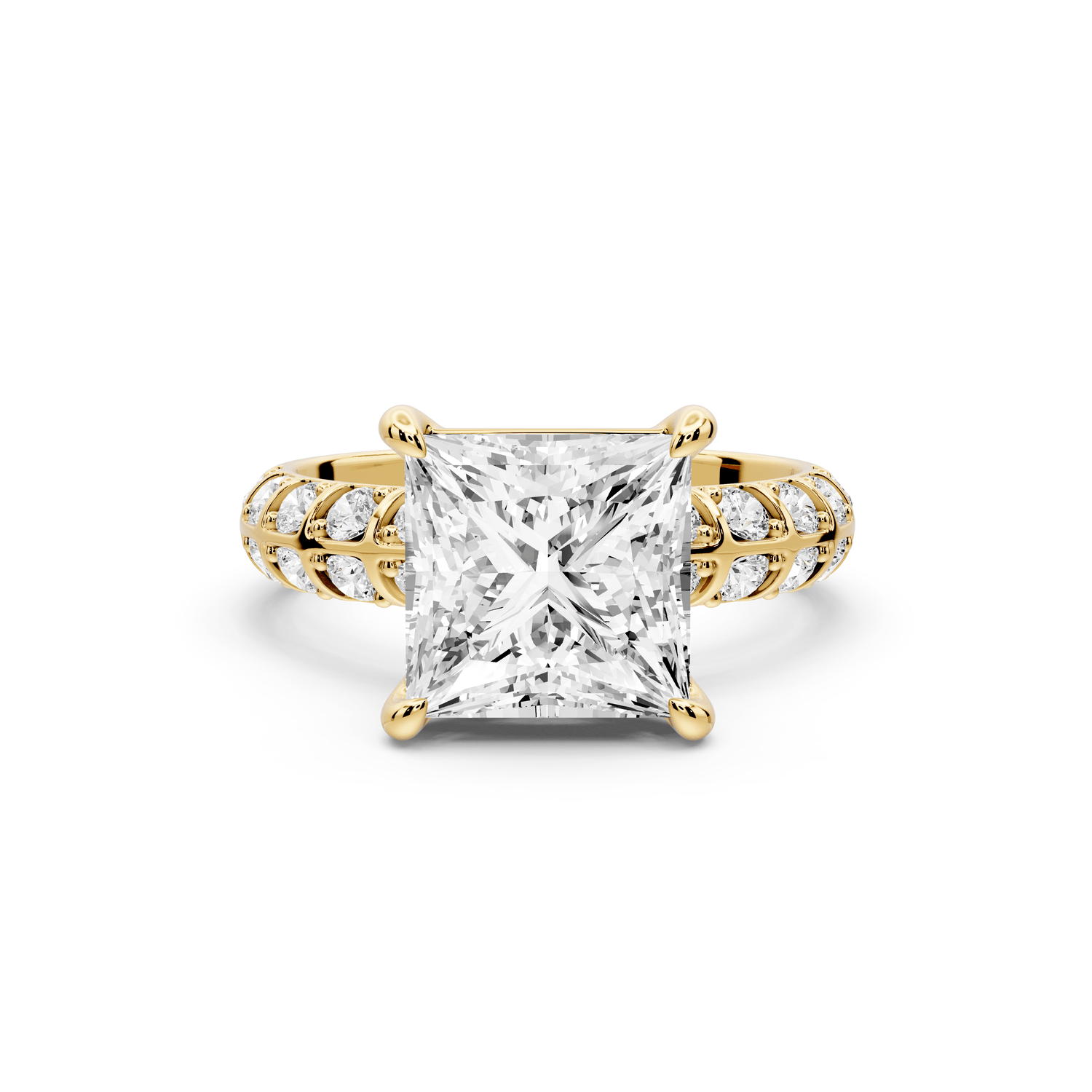 Jessica - 3ct 18k yellow gold Princess Split-Shank Engagement Ring with Double-Row Shared-Prong Pavé Band - Mr. Alex Jewelry