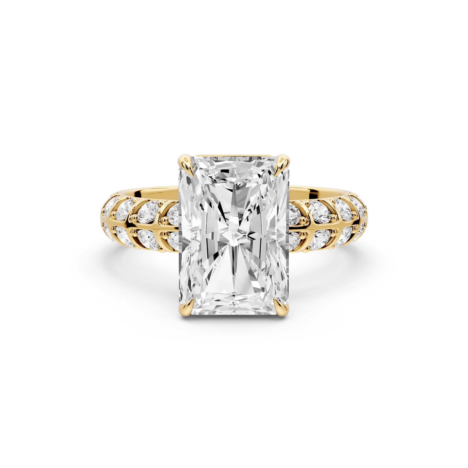 Jessica - 3ct 18k yellow gold Radiant Split-Shank Engagement Ring with Double-Row Shared-Prong Pavé Band - Mr. Alex Jewelry
