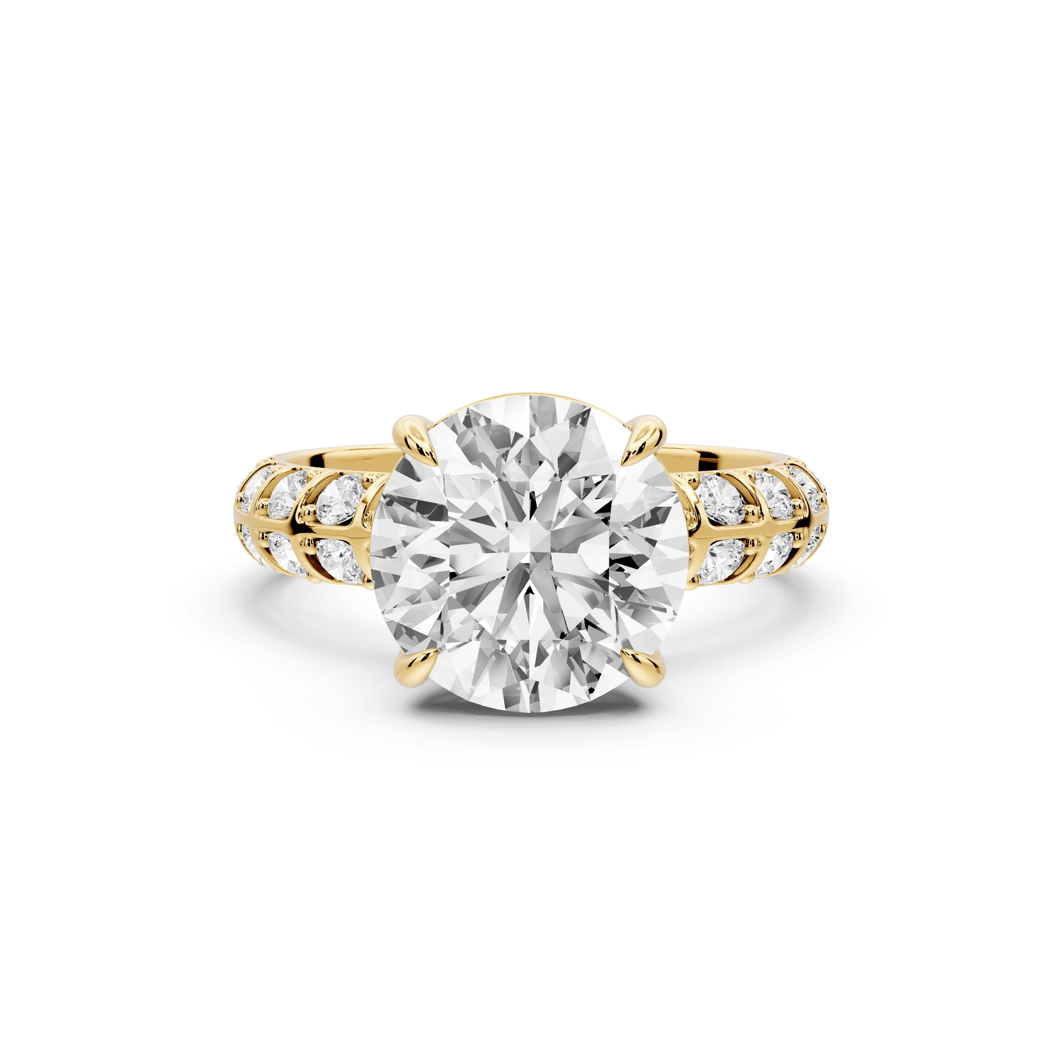 Jessica - 3ct 18k yellow gold Round Split-Shank Engagement Ring with Double-Row Shared-Prong Pavé Band - Mr. Alex Jewelry