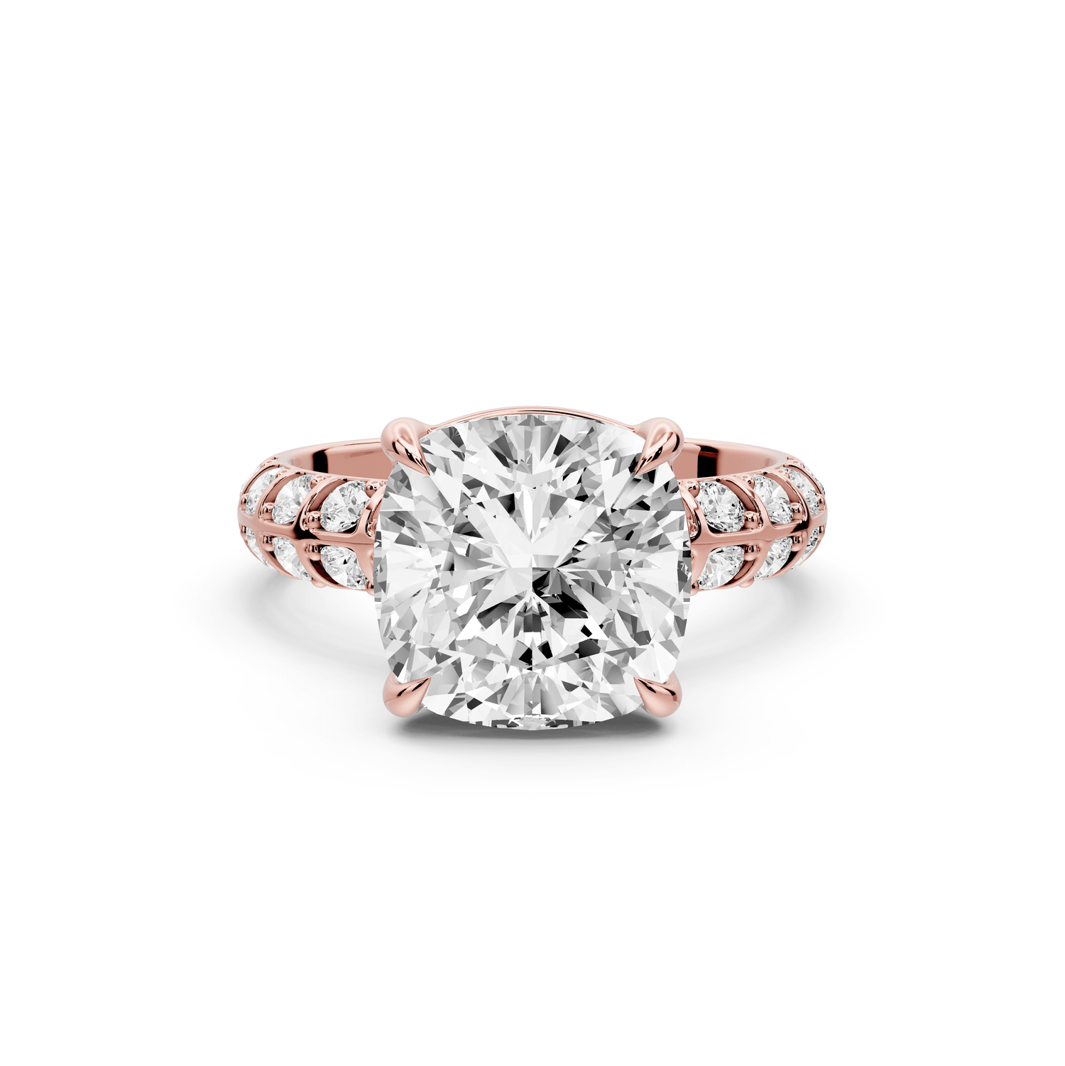 Jessica - 4ct 14k rose gold Cushion Split-Shank Engagement Ring with Double-Row Shared-Prong Pavé Band - Mr. Alex Jewelry