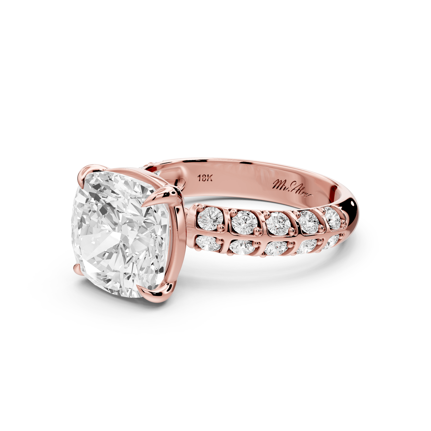 Jessica - 4ct 14k rose gold Cushion Split-Shank Engagement Ring with Double-Row Shared-Prong Pavé Band - Mr. Alex Jewelry