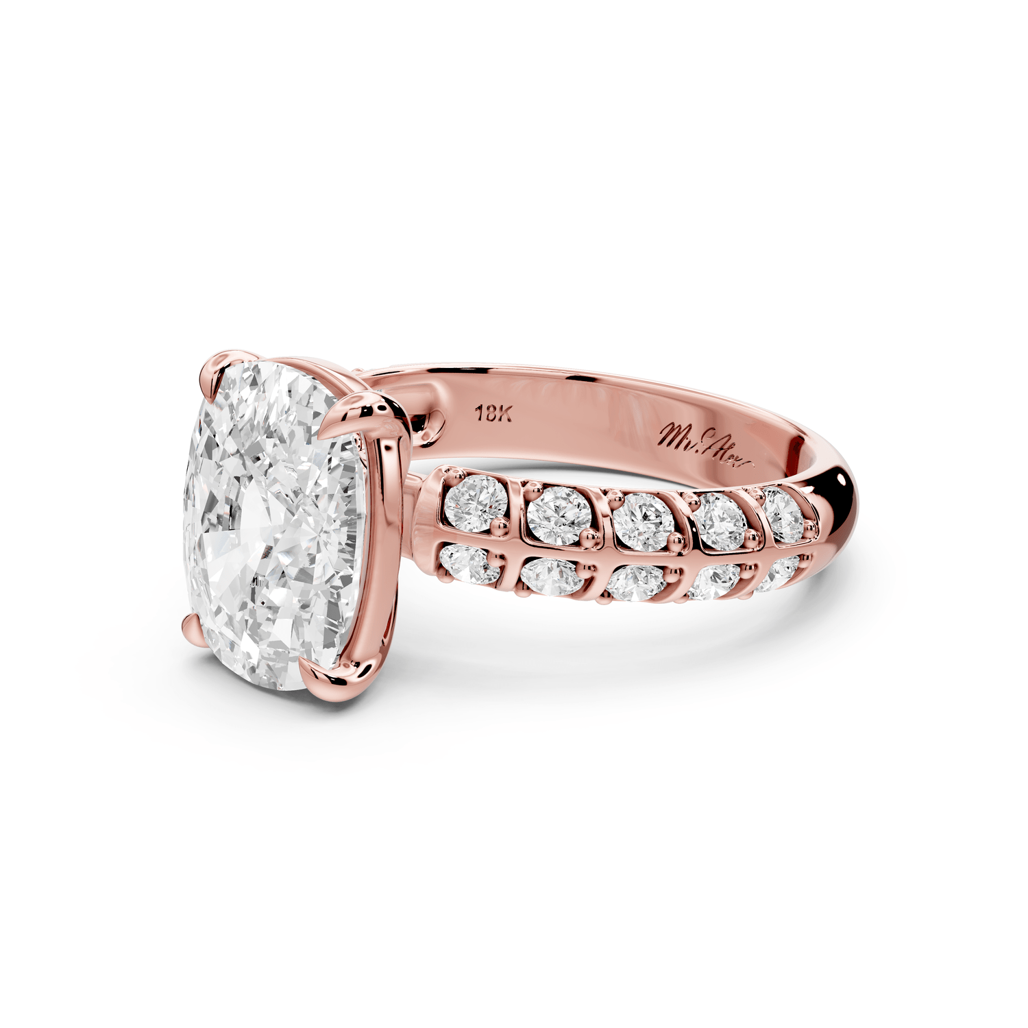 Jessica - 4ct 14k rose gold Ecushion Split-Shank Engagement Ring with Double-Row Shared-Prong Pavé Band - Mr. Alex Jewelry