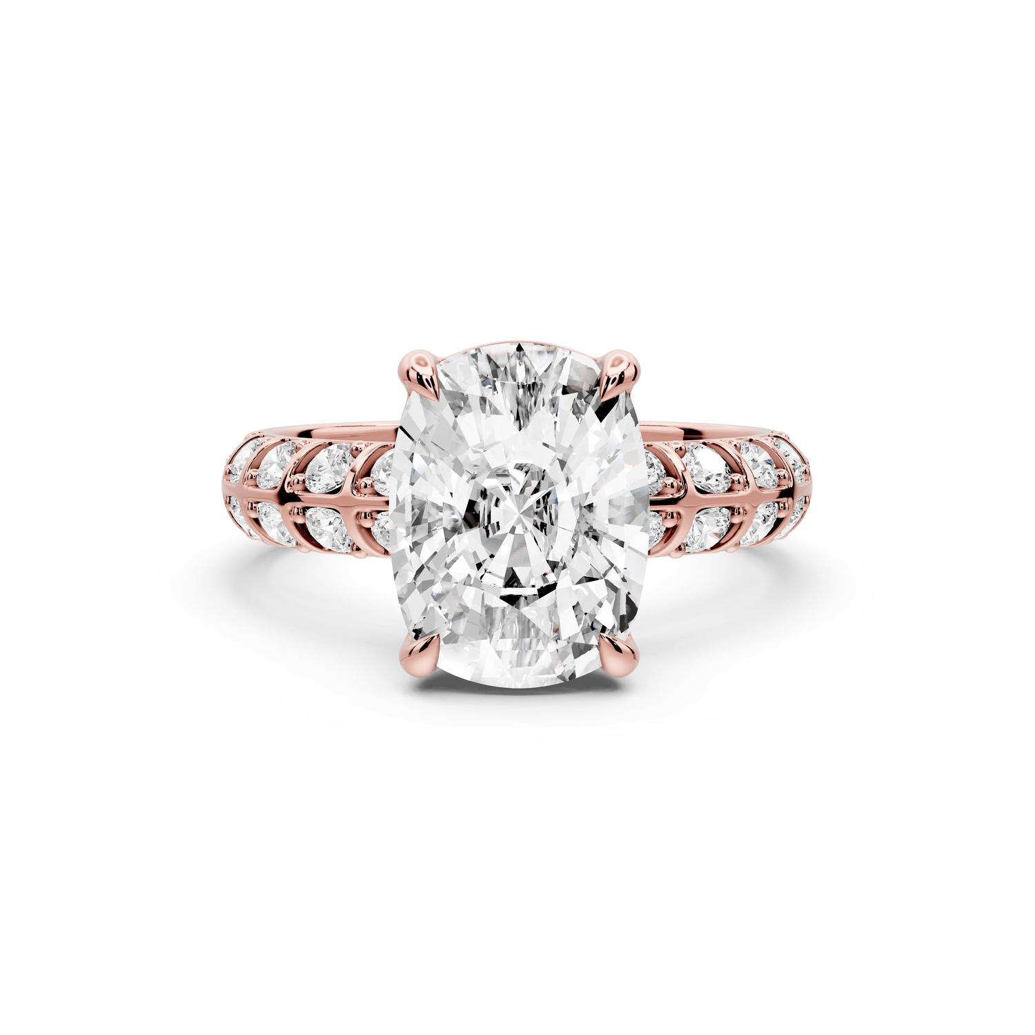 Jessica - 4ct 14k rose gold Ecushion Split-Shank Engagement Ring with Double-Row Shared-Prong Pavé Band - Mr. Alex Jewelry