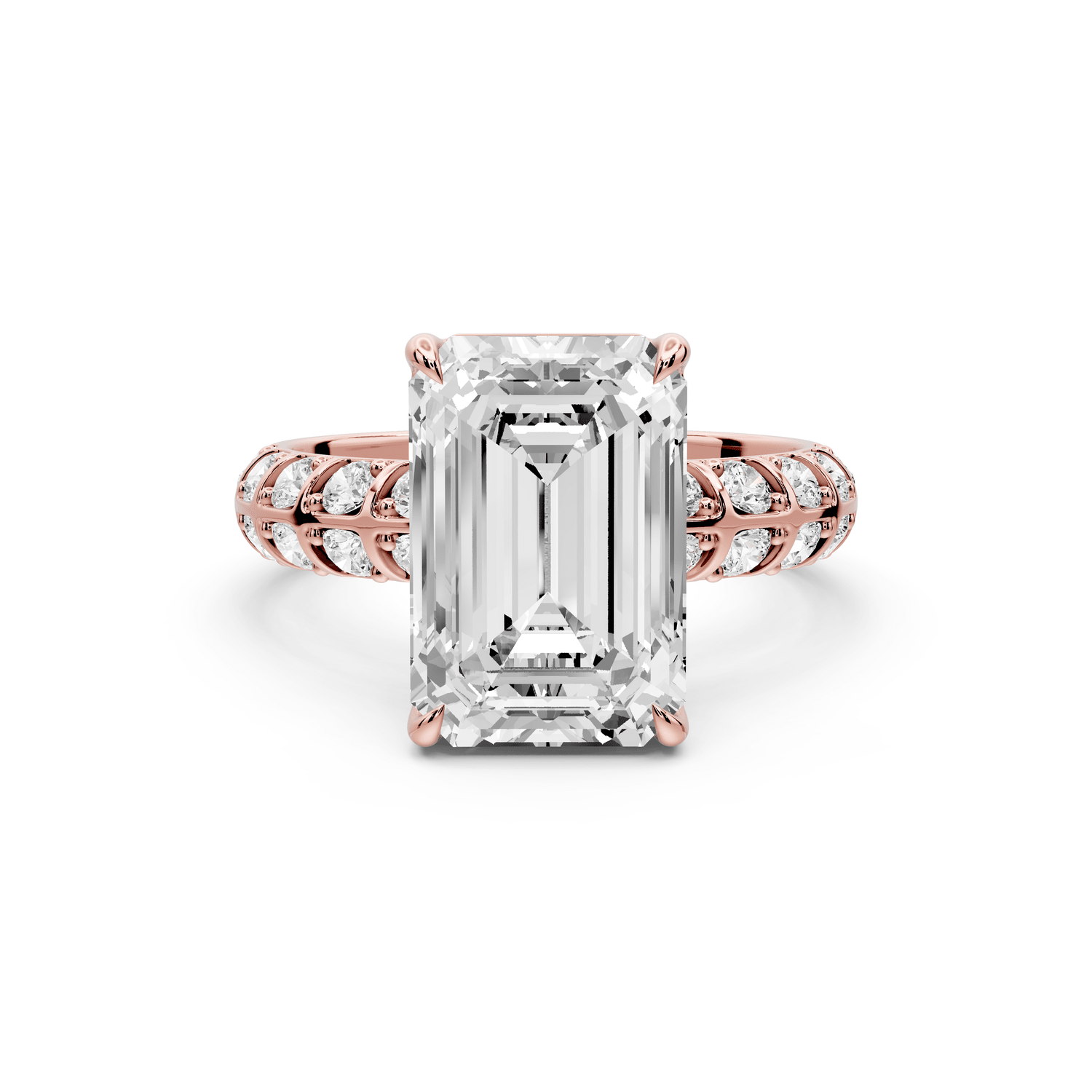 Jessica - 4ct 14k rose gold Emerald Split-Shank Engagement Ring with Double-Row Shared-Prong Pavé Band - Mr. Alex Jewelry
