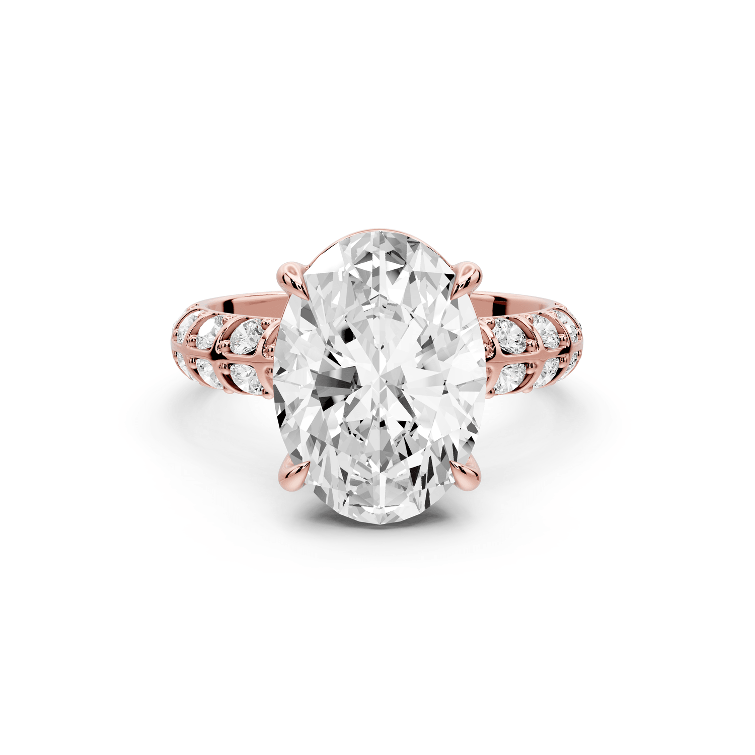 Jessica - 4ct 14k rose gold Oval Split-Shank Engagement Ring with Double-Row Shared-Prong Pavé Band - Mr. Alex Jewelry