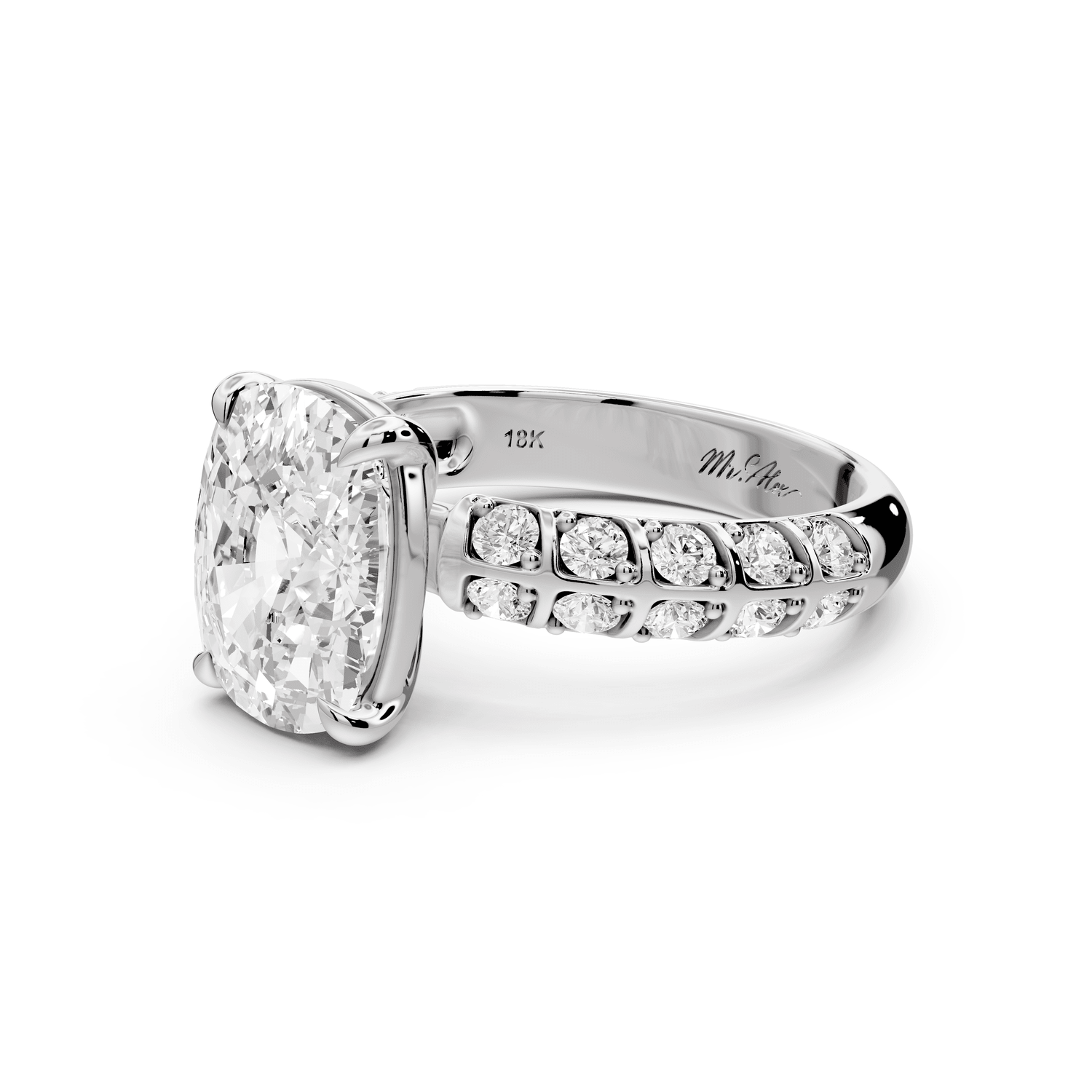 Jessica - 4ct 14k white gold Ecushion Split-Shank Engagement Ring with Double-Row Shared-Prong Pavé Band - Mr. Alex Jewelry
