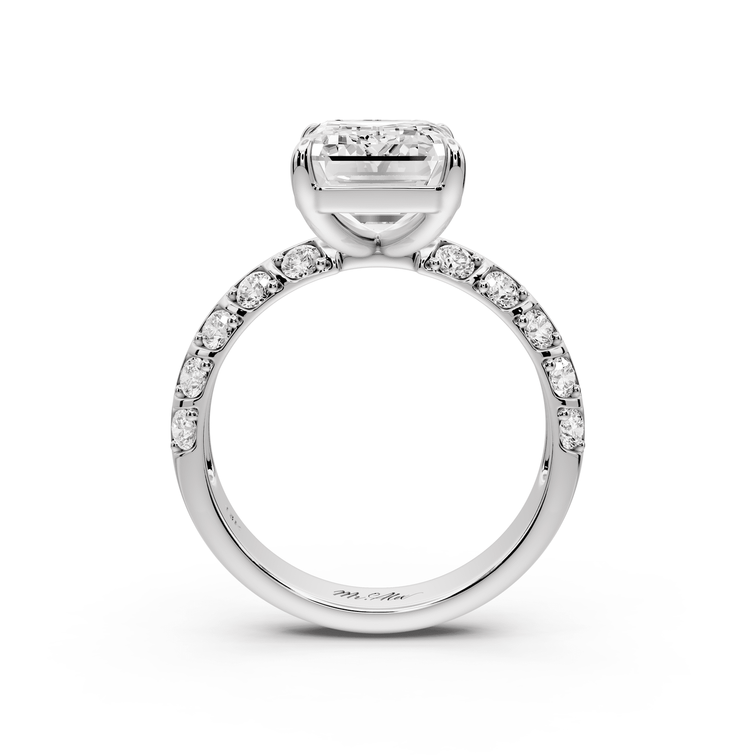 Jessica - 4ct 14k white gold Emerald Split-Shank Engagement Ring with Double-Row Shared-Prong Pavé Band - Mr. Alex Jewelry