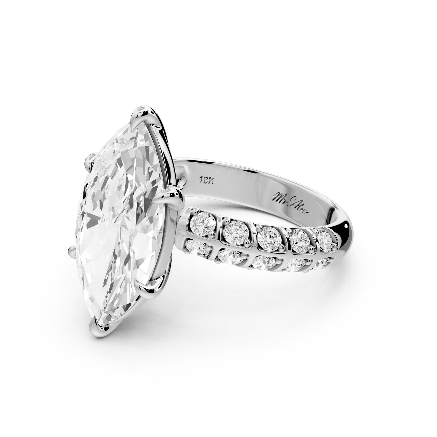 Jessica - 4ct 14k white gold Marquise Split-Shank Engagement Ring with Double-Row Shared-Prong Pavé Band - Mr. Alex Jewelry