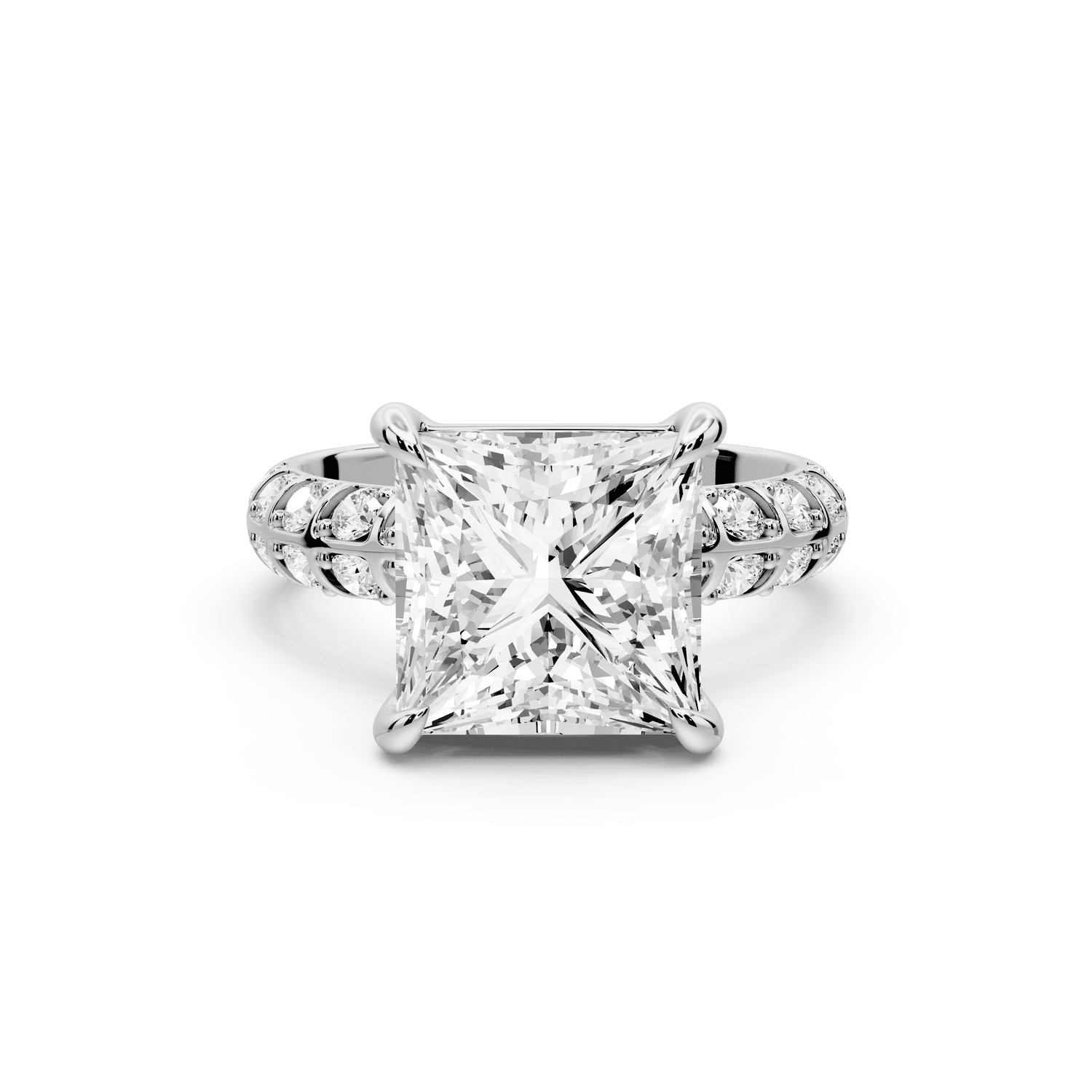 Jessica - 4ct 14k white gold Princess Split-Shank Engagement Ring with Double-Row Shared-Prong Pavé Band - Mr. Alex Jewelry