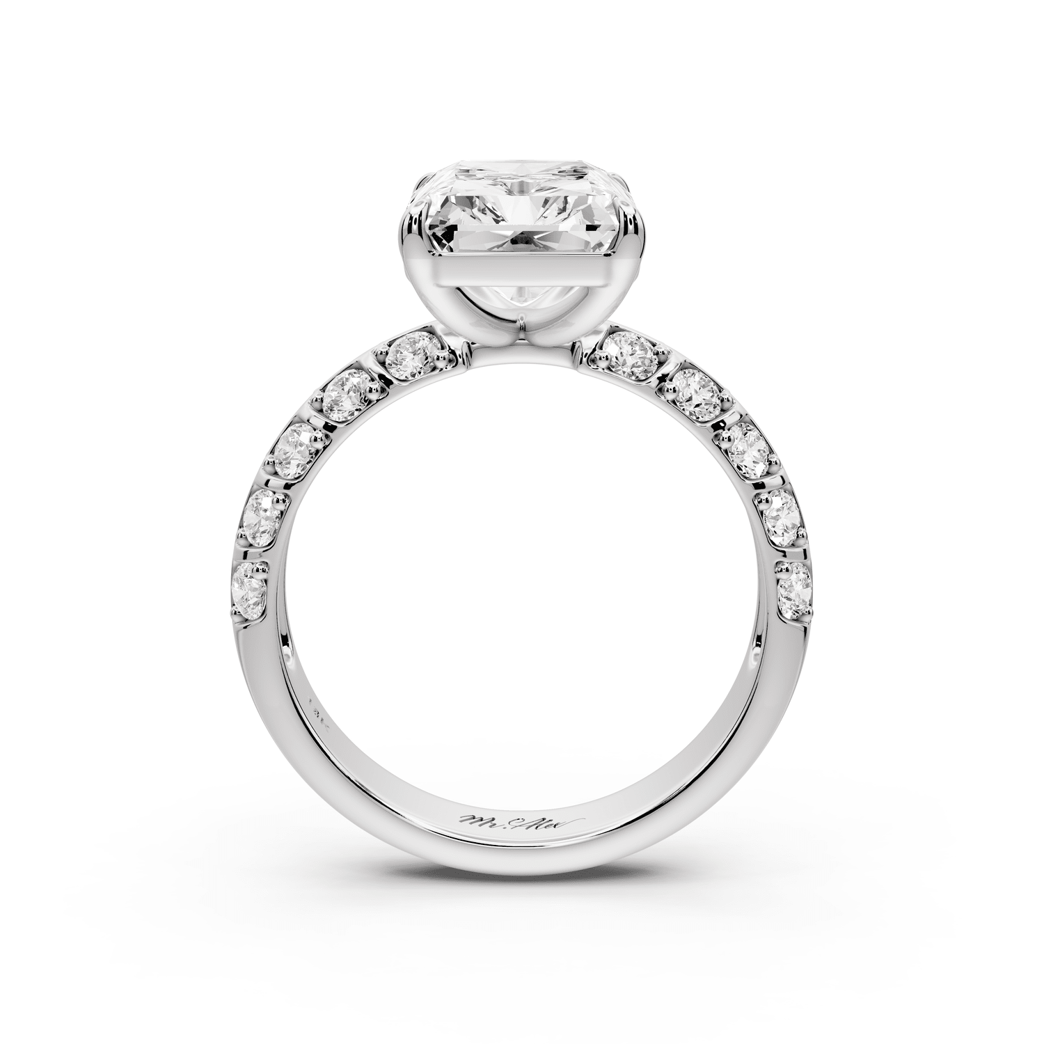 Jessica - 4ct 14k white gold Radiant Split-Shank Engagement Ring with Double-Row Shared-Prong Pavé Band - Mr. Alex Jewelry