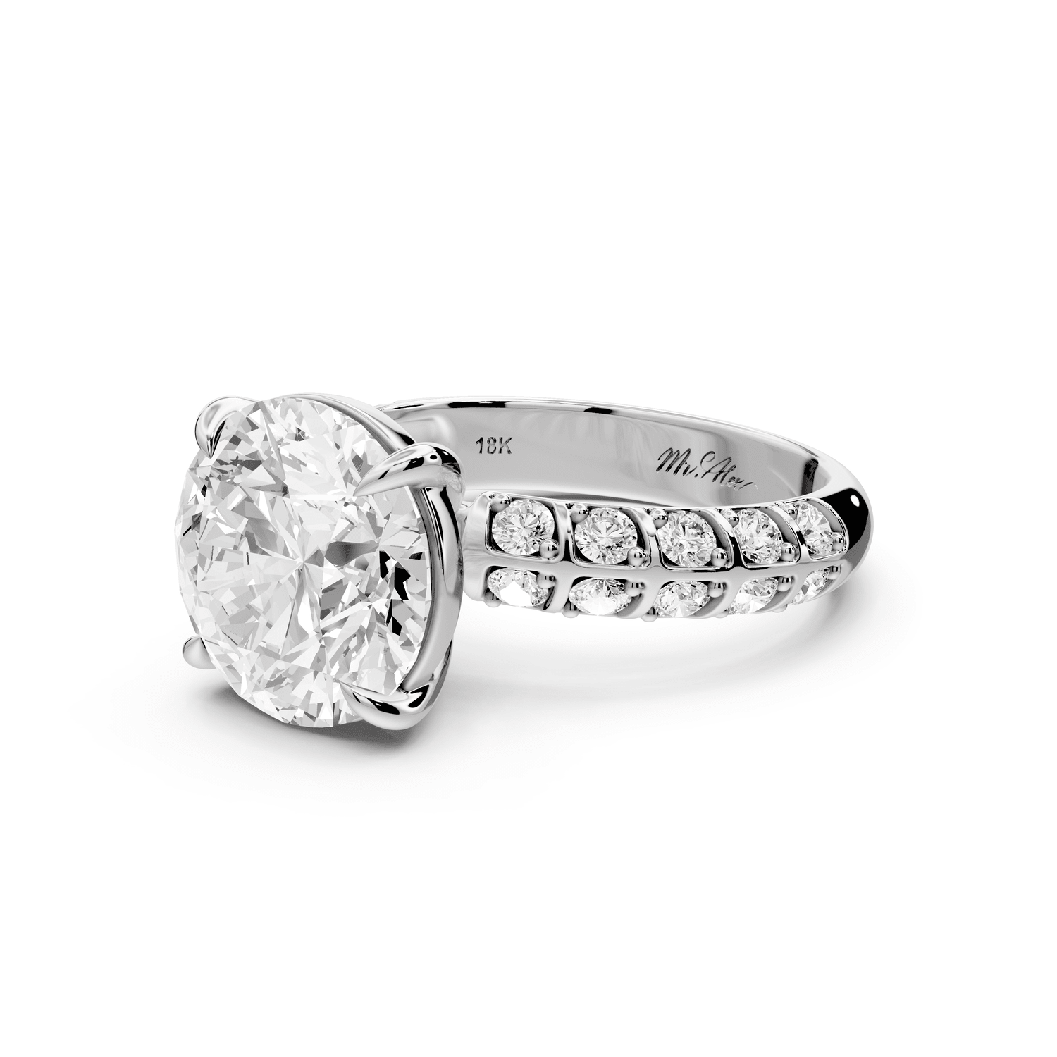Jessica - 4ct 14k white gold Round Split-Shank Engagement Ring with Double-Row Shared-Prong Pavé Band - Mr. Alex Jewelry
