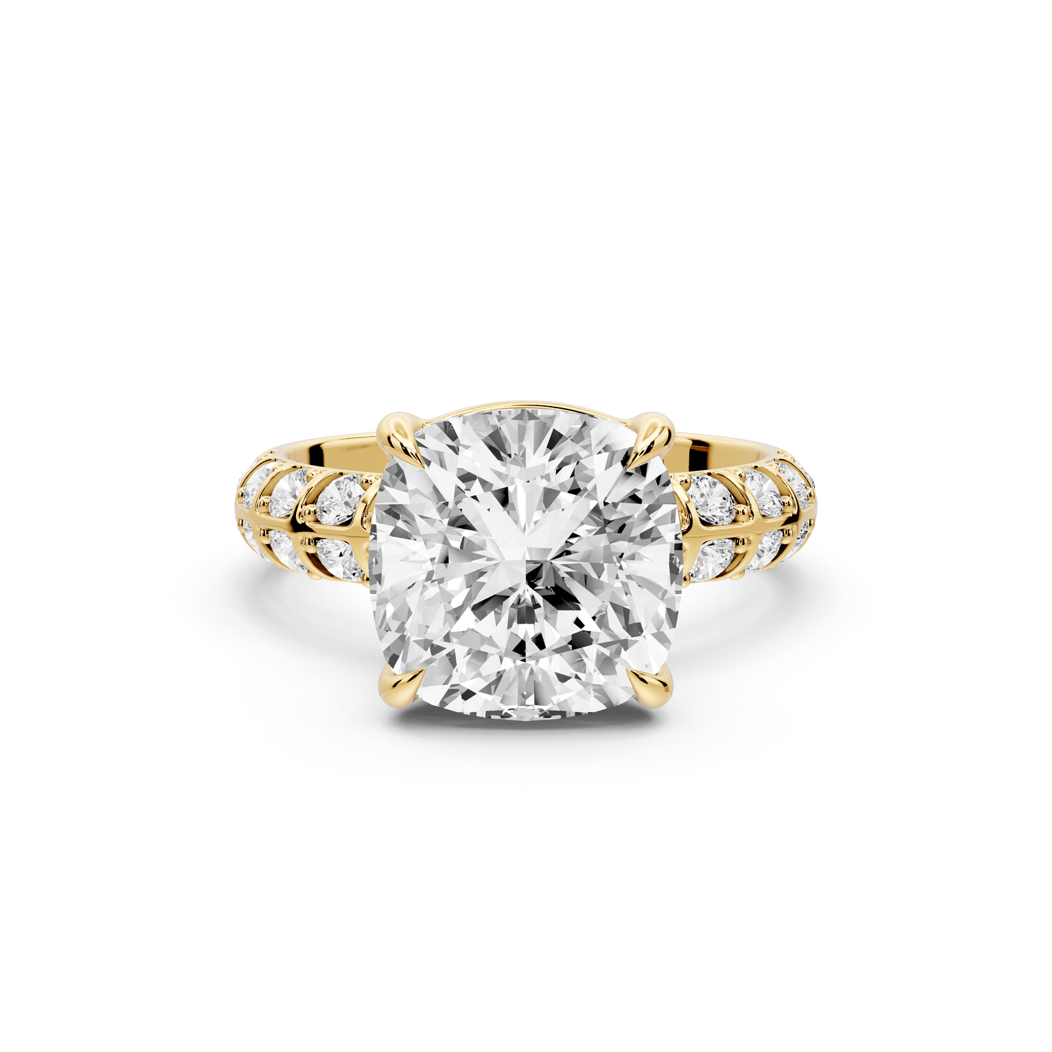 Jessica - 4ct 14k yellow gold Cushion Split-Shank Engagement Ring with Double-Row Shared-Prong Pavé Band - Mr. Alex Jewelry
