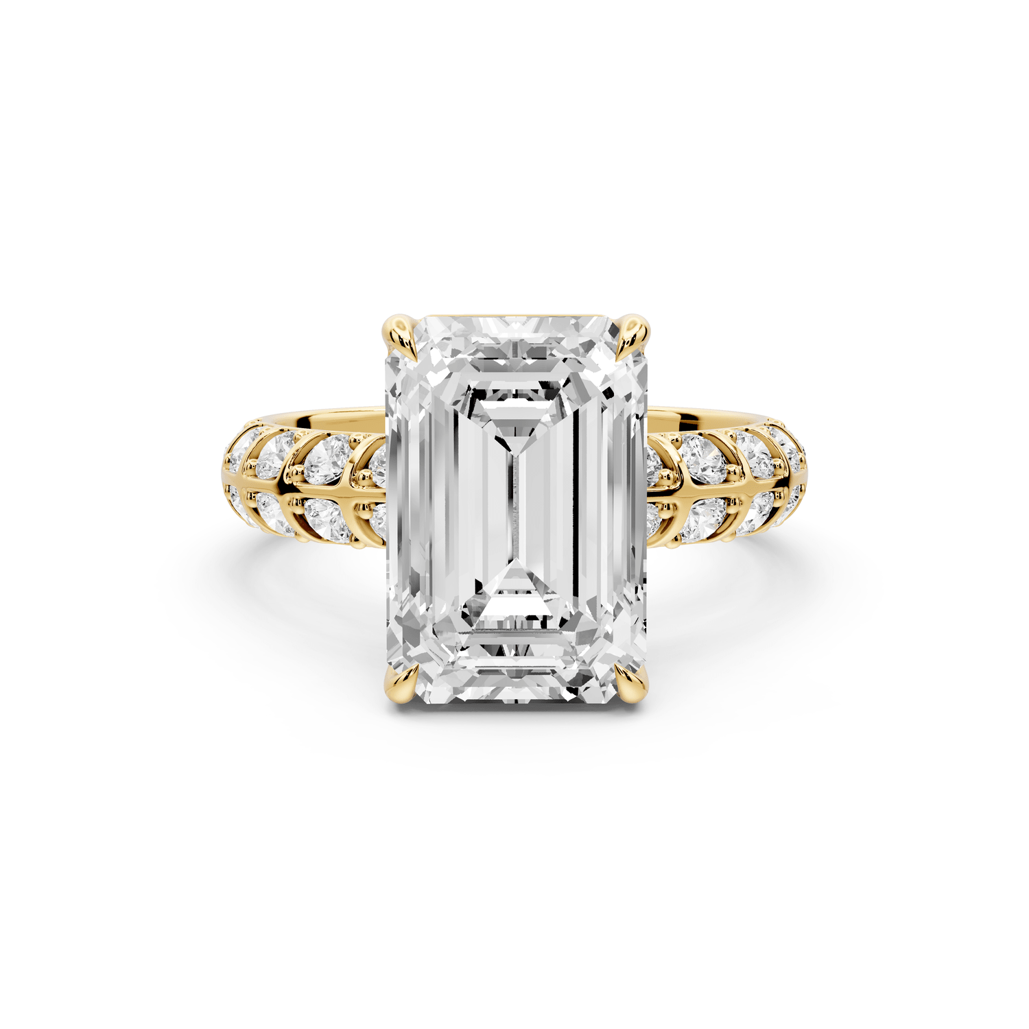 Jessica - 4ct 14k yellow gold Emerald Split-Shank Engagement Ring with Double-Row Shared-Prong Pavé Band - Mr. Alex Jewelry