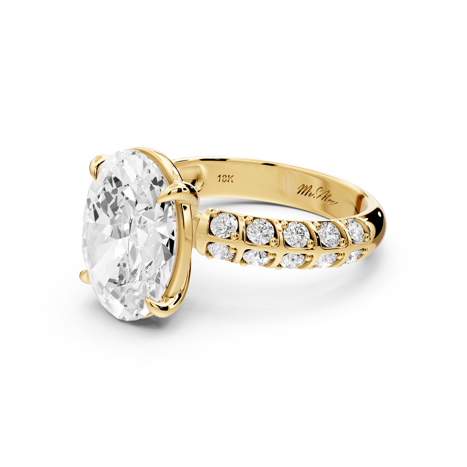 Jessica - 4ct 14k yellow gold Oval Split-Shank Engagement Ring with Double-Row Shared-Prong Pavé Band - Mr. Alex Jewelry