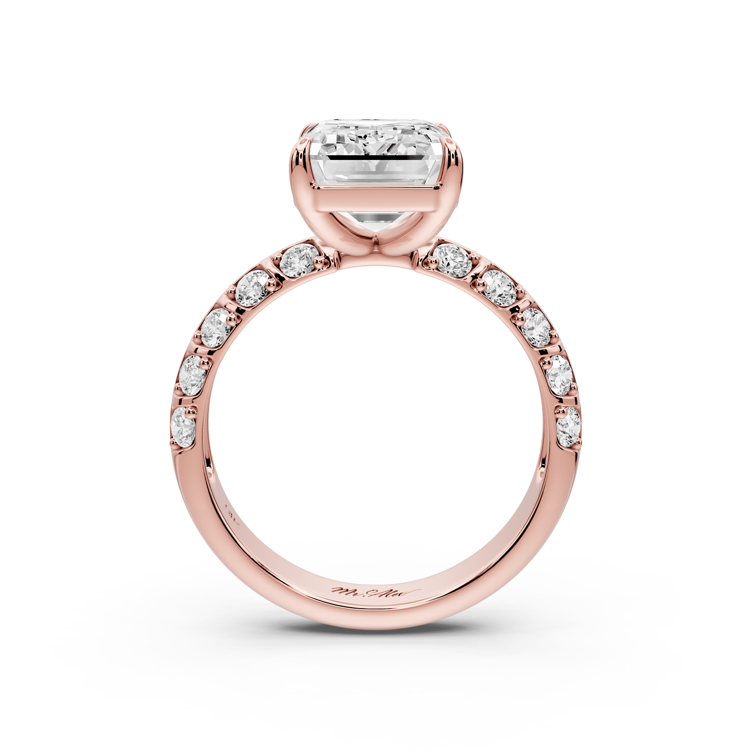 Jessica - 4ct 18k rose gold Emerald Split-Shank Engagement Ring with Double-Row Shared-Prong Pavé Band - Mr. Alex Jewelry