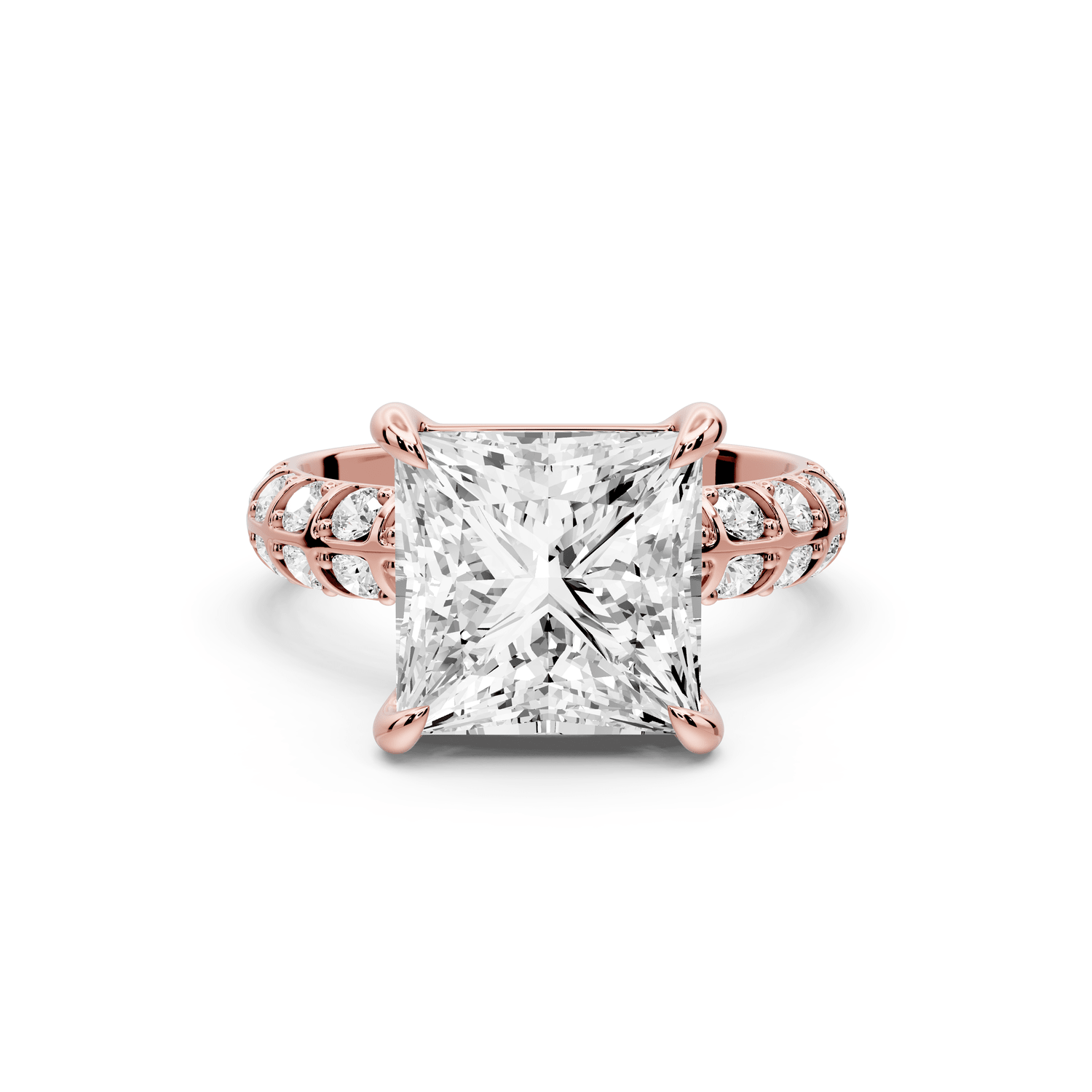 Jessica - 4ct 18k rose gold Princess Split-Shank Engagement Ring with Double-Row Shared-Prong Pavé Band - Mr. Alex Jewelry