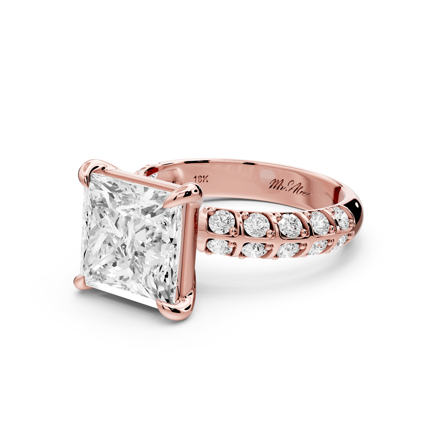 Jessica - 4ct 18k rose gold Princess Split-Shank Engagement Ring with Double-Row Shared-Prong Pavé Band - Mr. Alex Jewelry