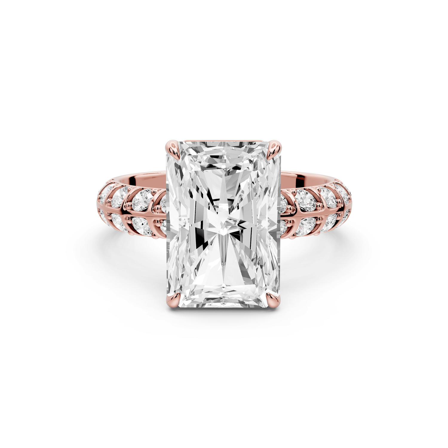Jessica - 4ct 18k rose gold Radiant Split-Shank Engagement Ring with Double-Row Shared-Prong Pavé Band - Mr. Alex Jewelry