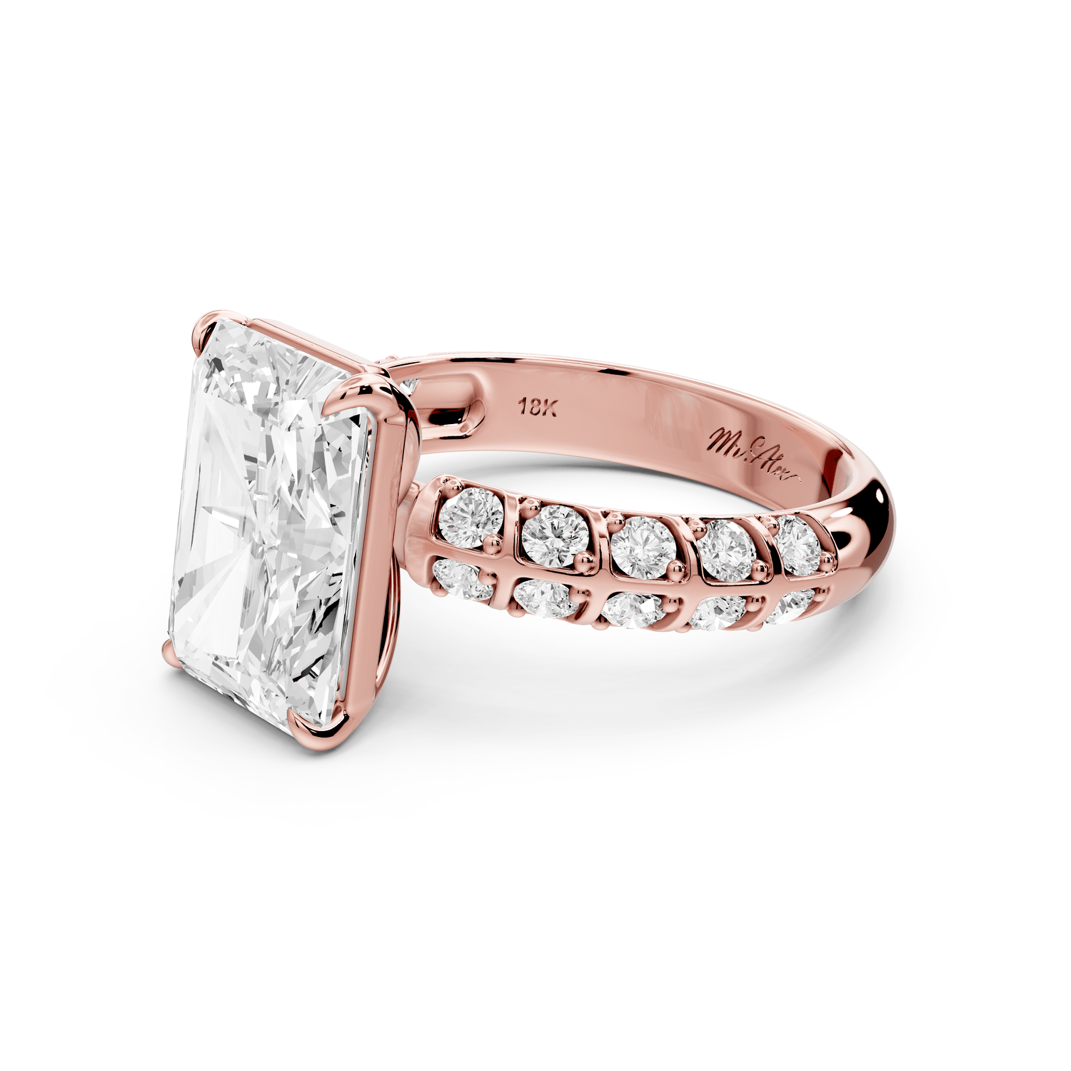 Jessica - 4ct 18k rose gold Radiant Split-Shank Engagement Ring with Double-Row Shared-Prong Pavé Band - Mr. Alex Jewelry