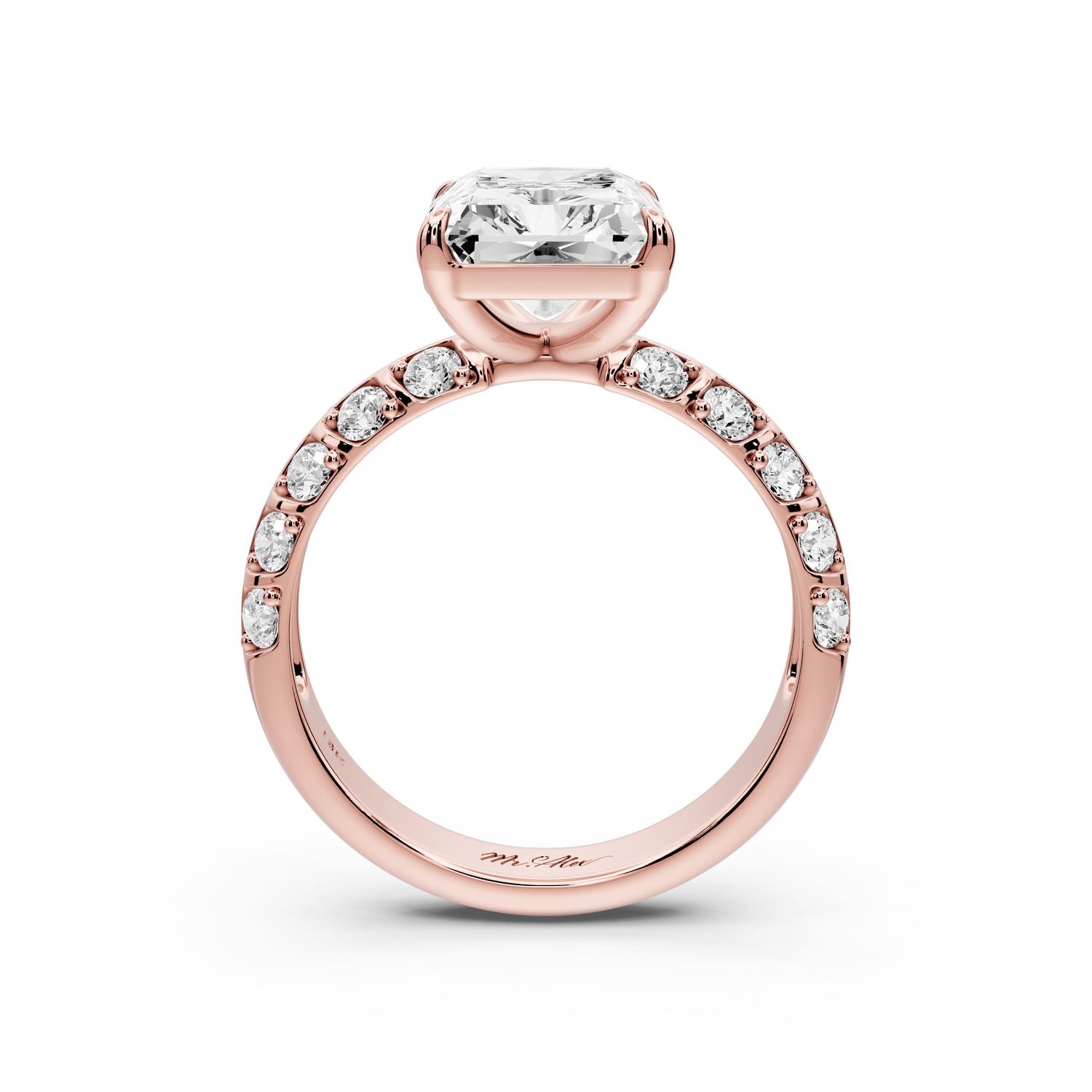 Jessica - 4ct 18k rose gold Radiant Split-Shank Engagement Ring with Double-Row Shared-Prong Pavé Band - Mr. Alex Jewelry
