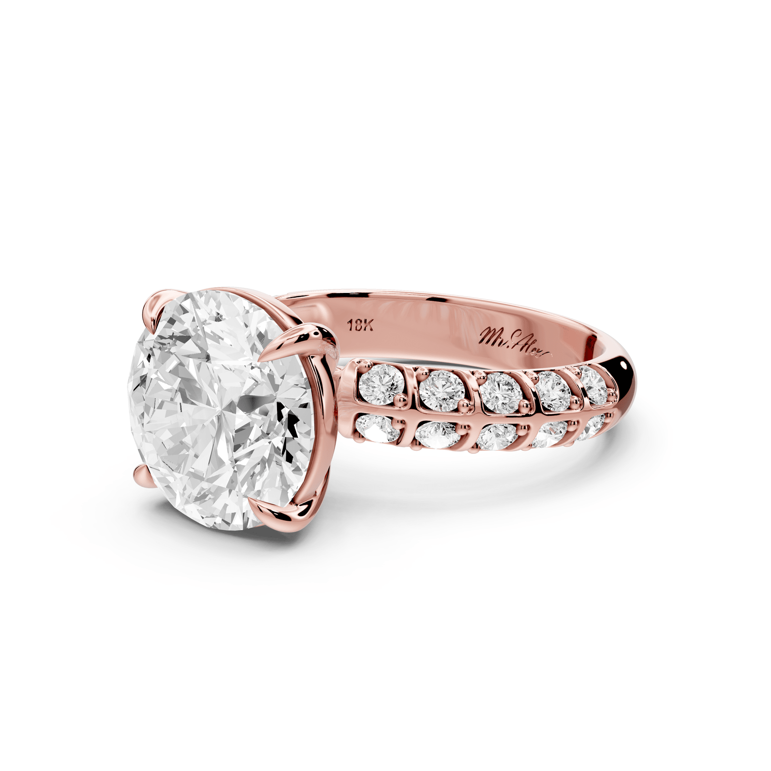 Jessica - 4ct 18k rose gold Round Split-Shank Engagement Ring with Double-Row Shared-Prong Pavé Band - Mr. Alex Jewelry