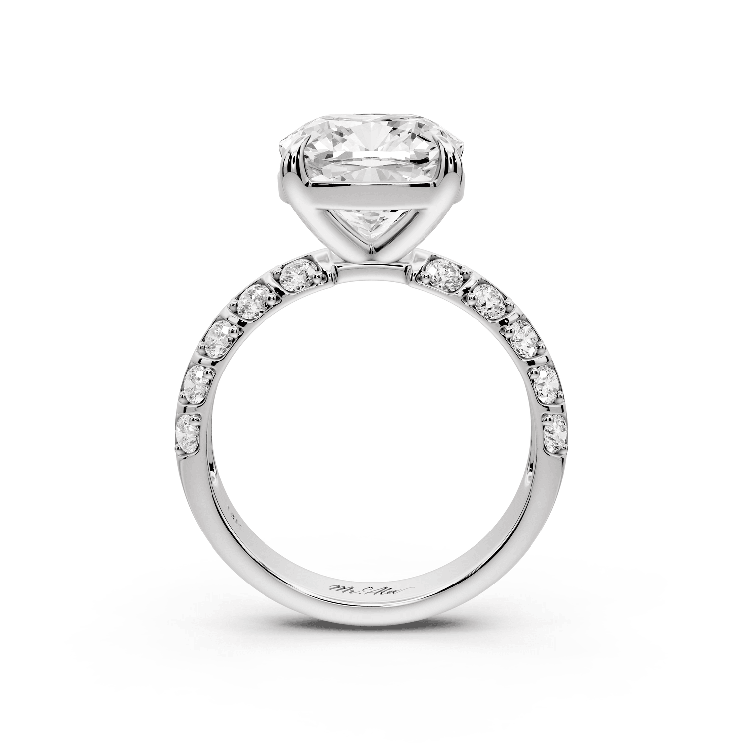 Jessica - 4ct 18k white gold Cushion Split-Shank Engagement Ring with Double-Row Shared-Prong Pavé Band - Mr. Alex Jewelry