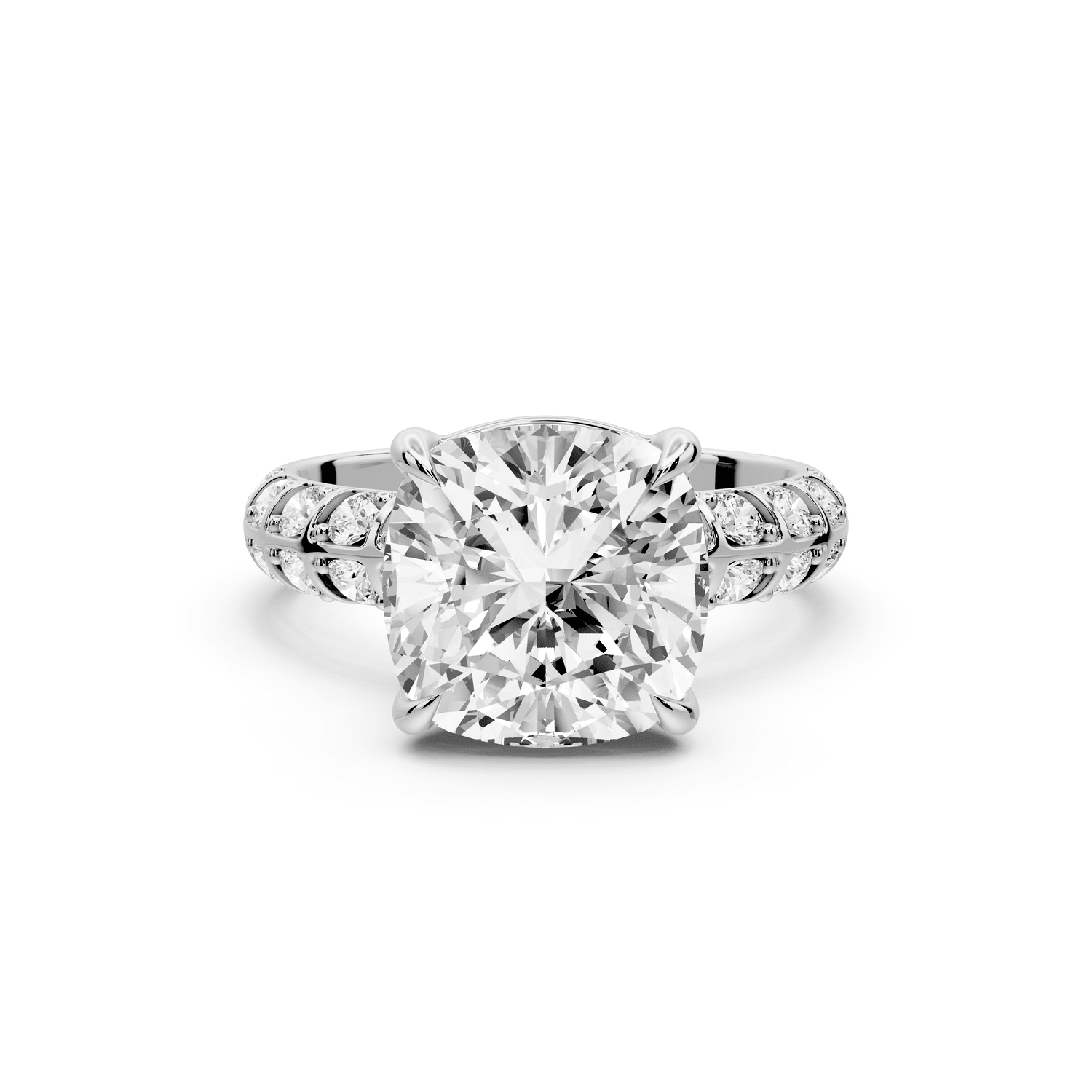 Jessica - 4ct 18k white gold Cushion Split-Shank Engagement Ring with Double-Row Shared-Prong Pavé Band - Mr. Alex Jewelry