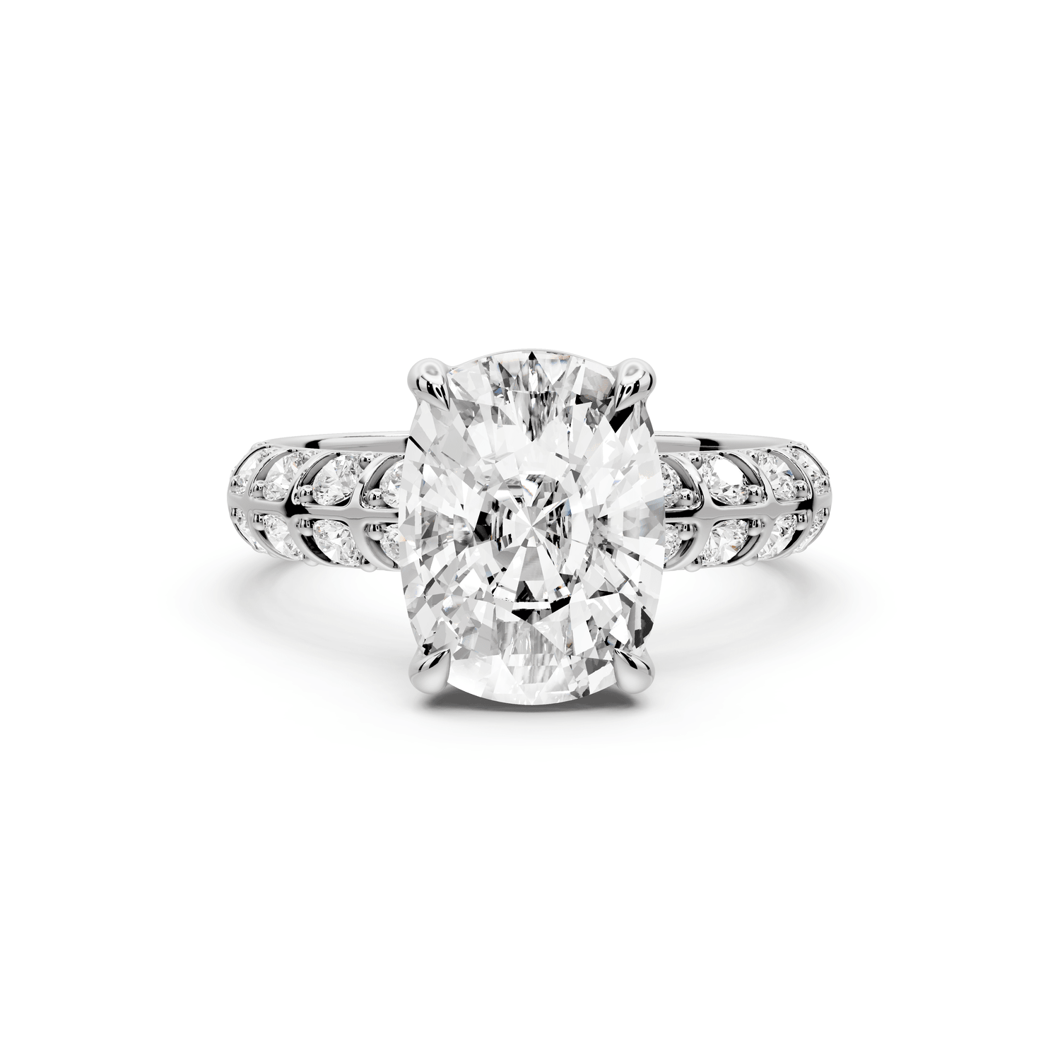 Jessica - 4ct 18k white gold Ecushion Split-Shank Engagement Ring with Double-Row Shared-Prong Pavé Band - Mr. Alex Jewelry