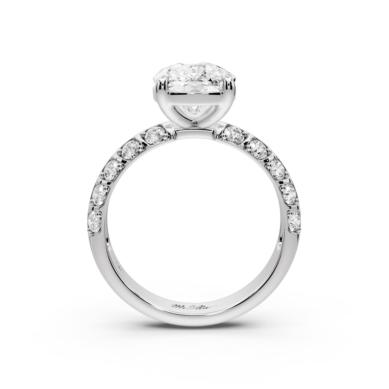 Jessica - 4ct 18k white gold Ecushion Split-Shank Engagement Ring with Double-Row Shared-Prong Pavé Band - Mr. Alex Jewelry